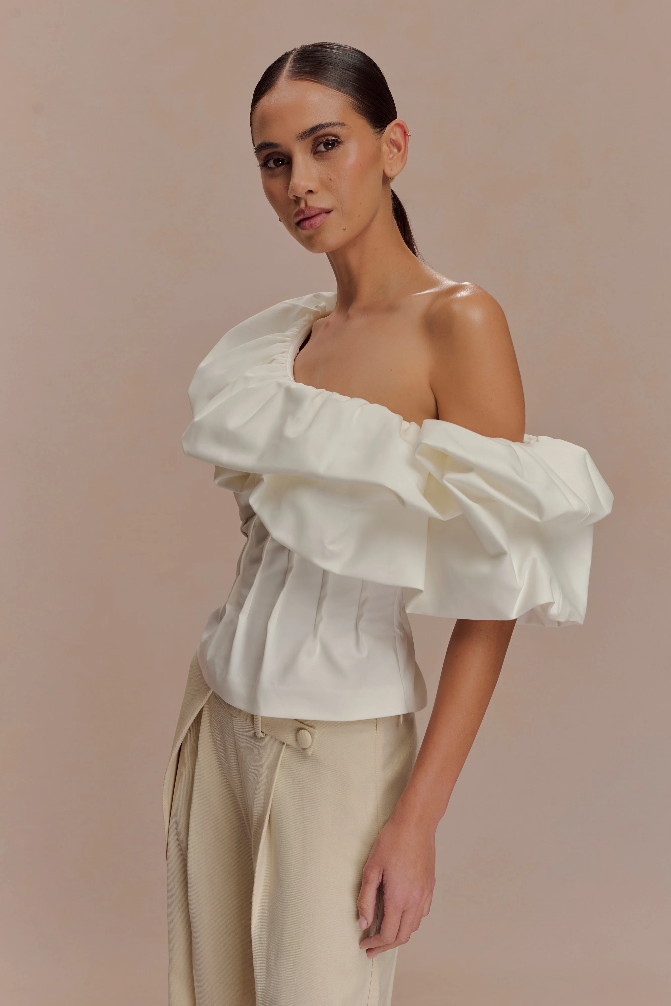 Debbie One Shoulder Bubble Top - White - Image 2