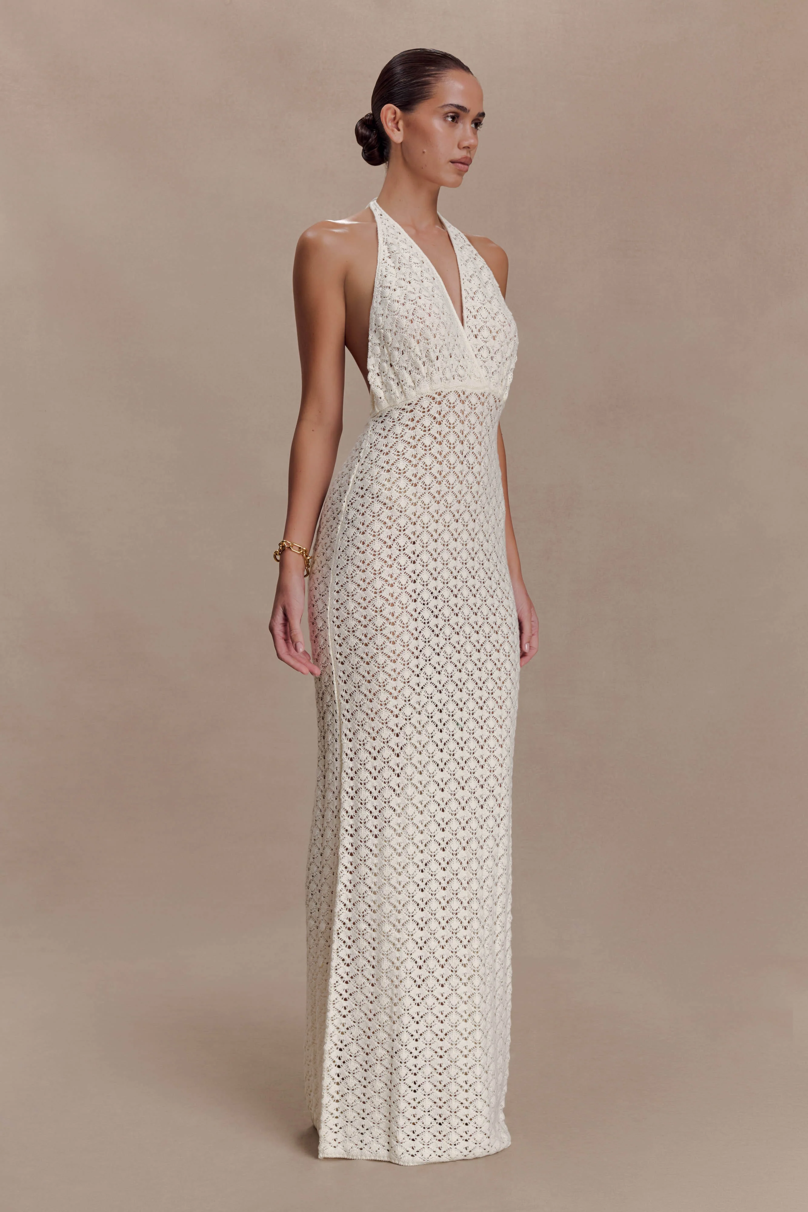 Deeliah Halterneck Crochet Maxi Dress -  Ivory - Image 4