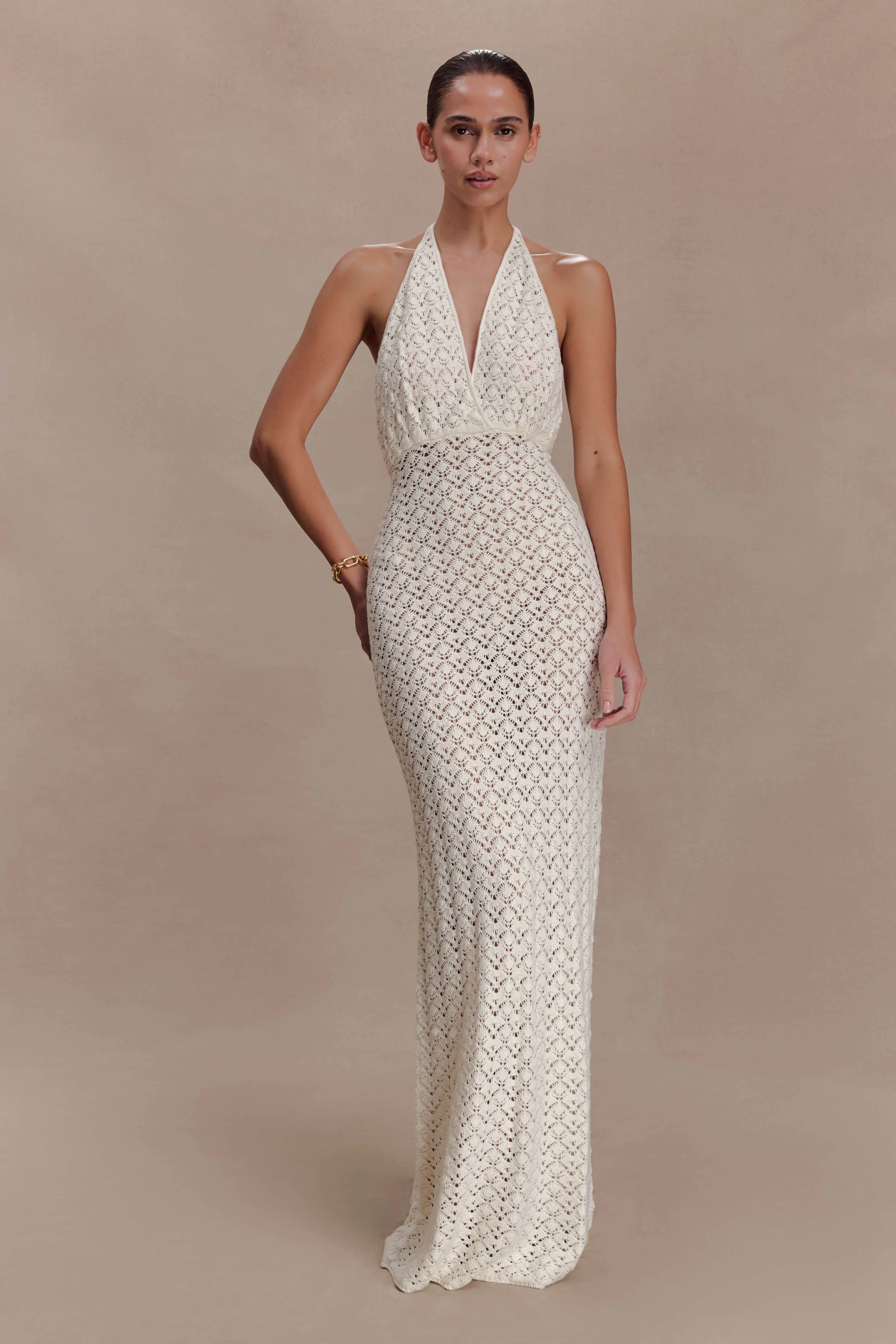 Deeliah Halterneck Crochet Maxi Dress -  Ivory - Image 5