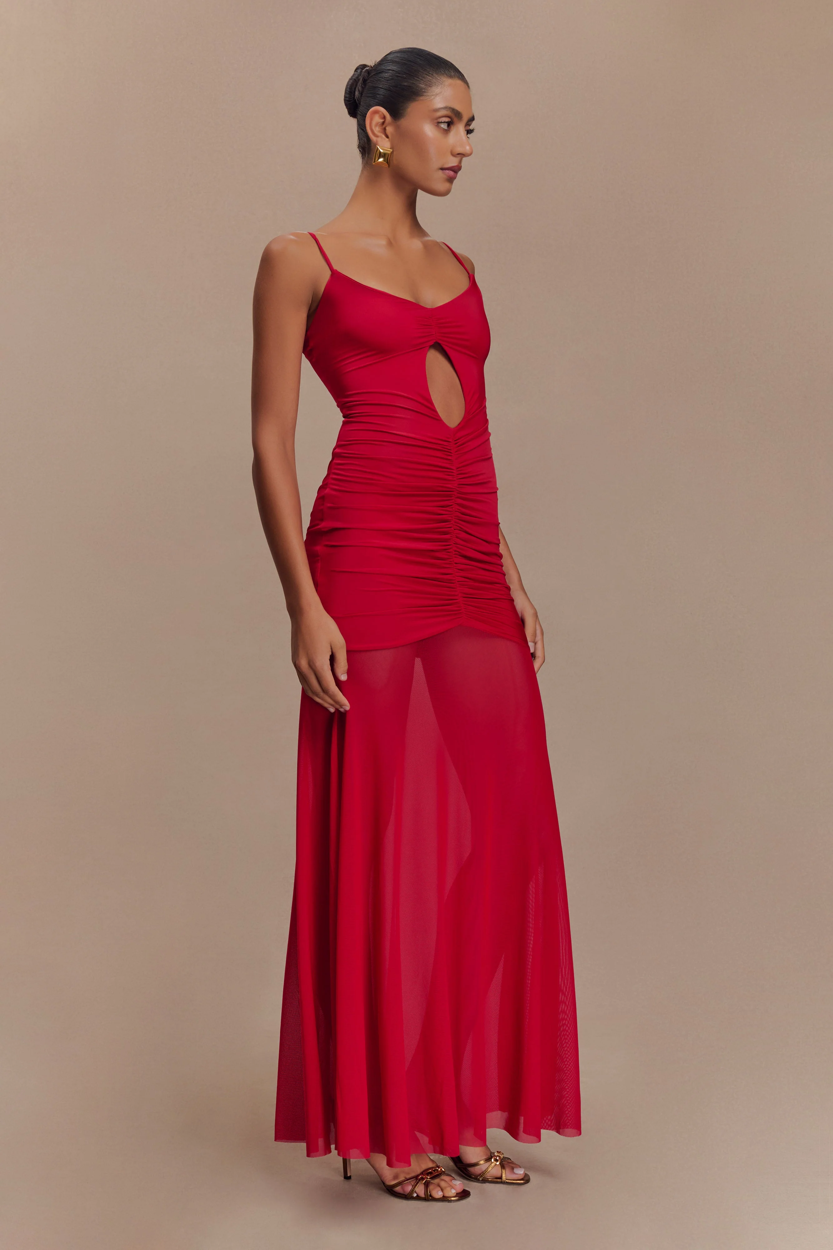 Delaney Slinky And Mesh Maxi Dress - Red - Image 4