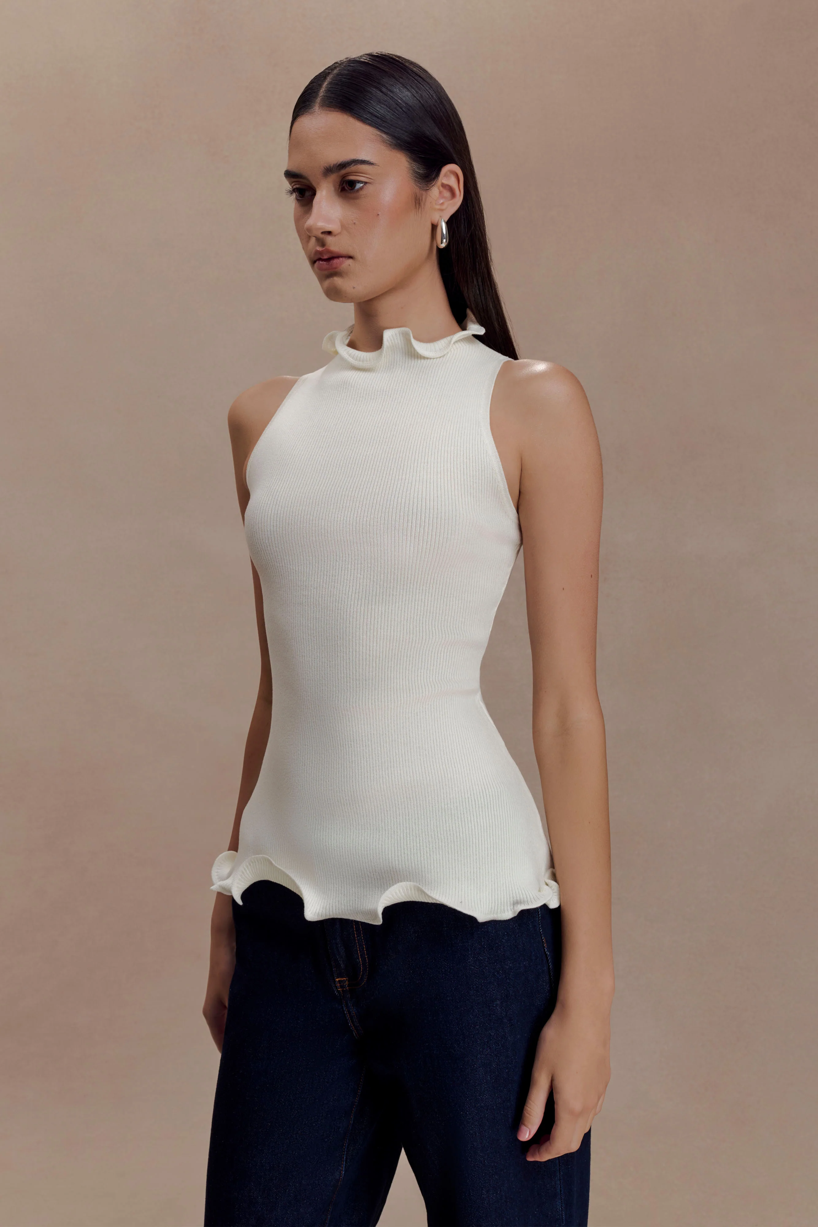 Diya Ribbed Sleeveless Top With Wire Hem - Ivory - Image 3