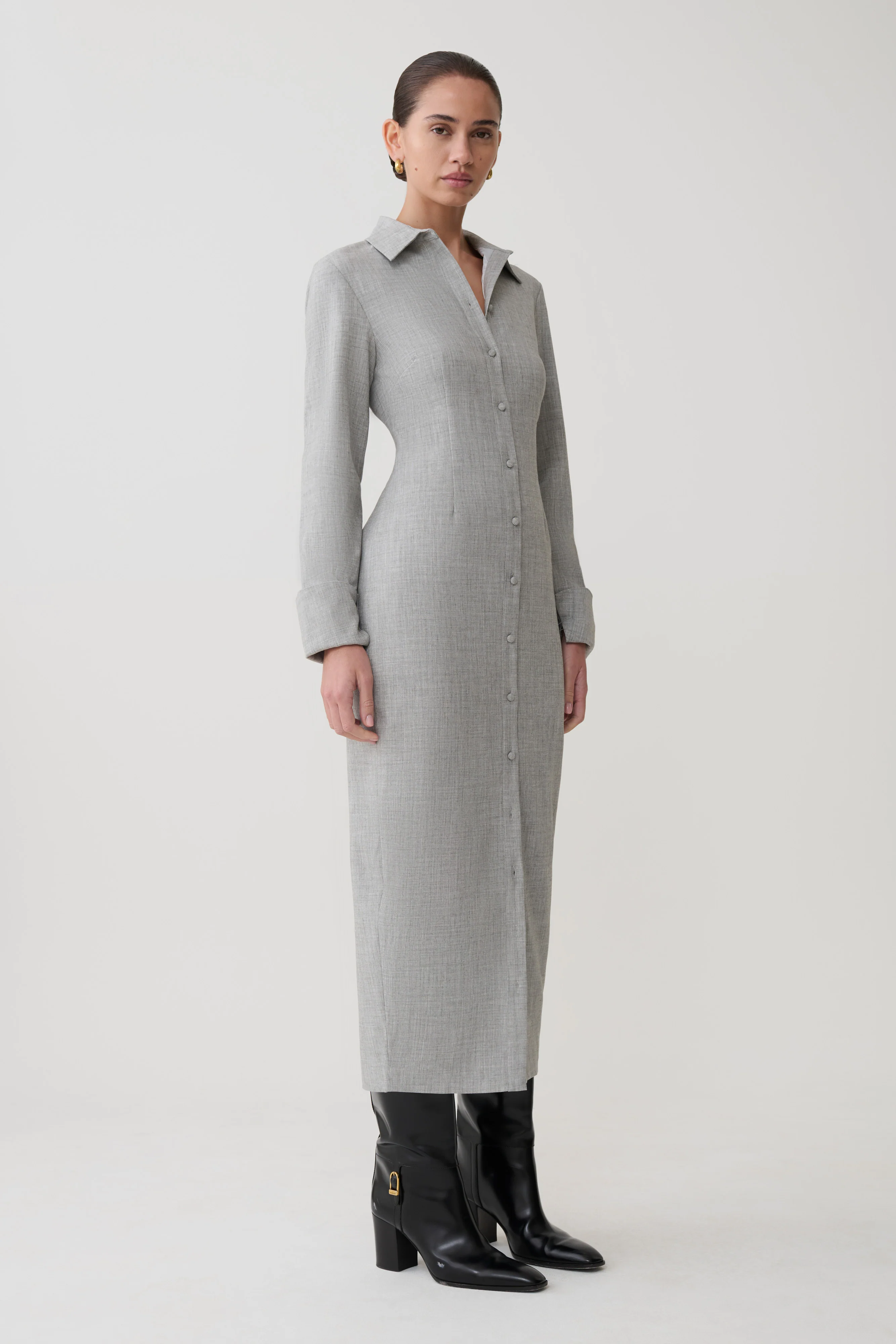 Dorian Fitted Shirt Midi Dress - Charcoal Marle - Image 5
