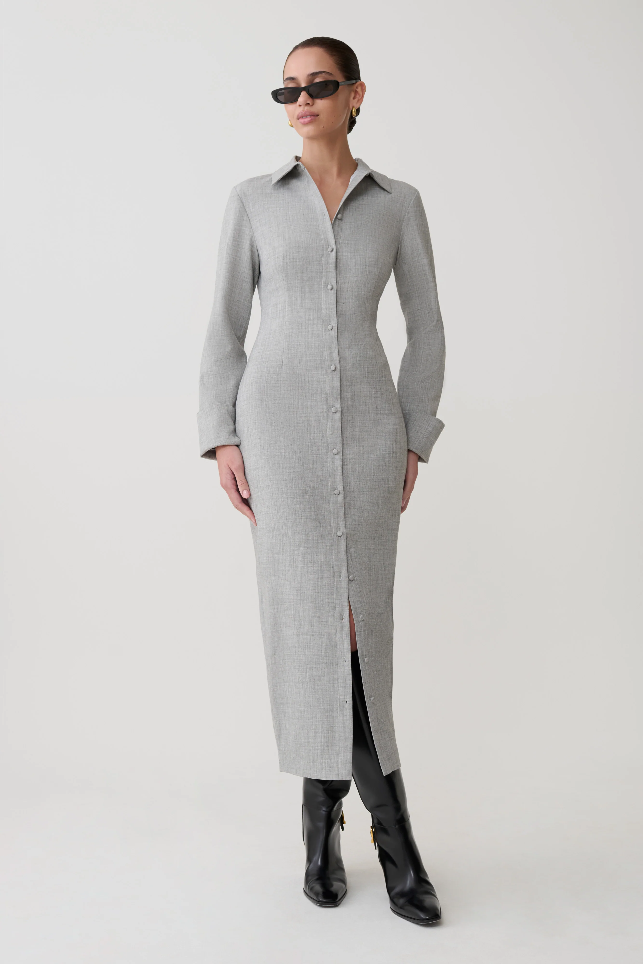 Dorian Fitted Shirt Midi Dress - Charcoal Marle - Image 6