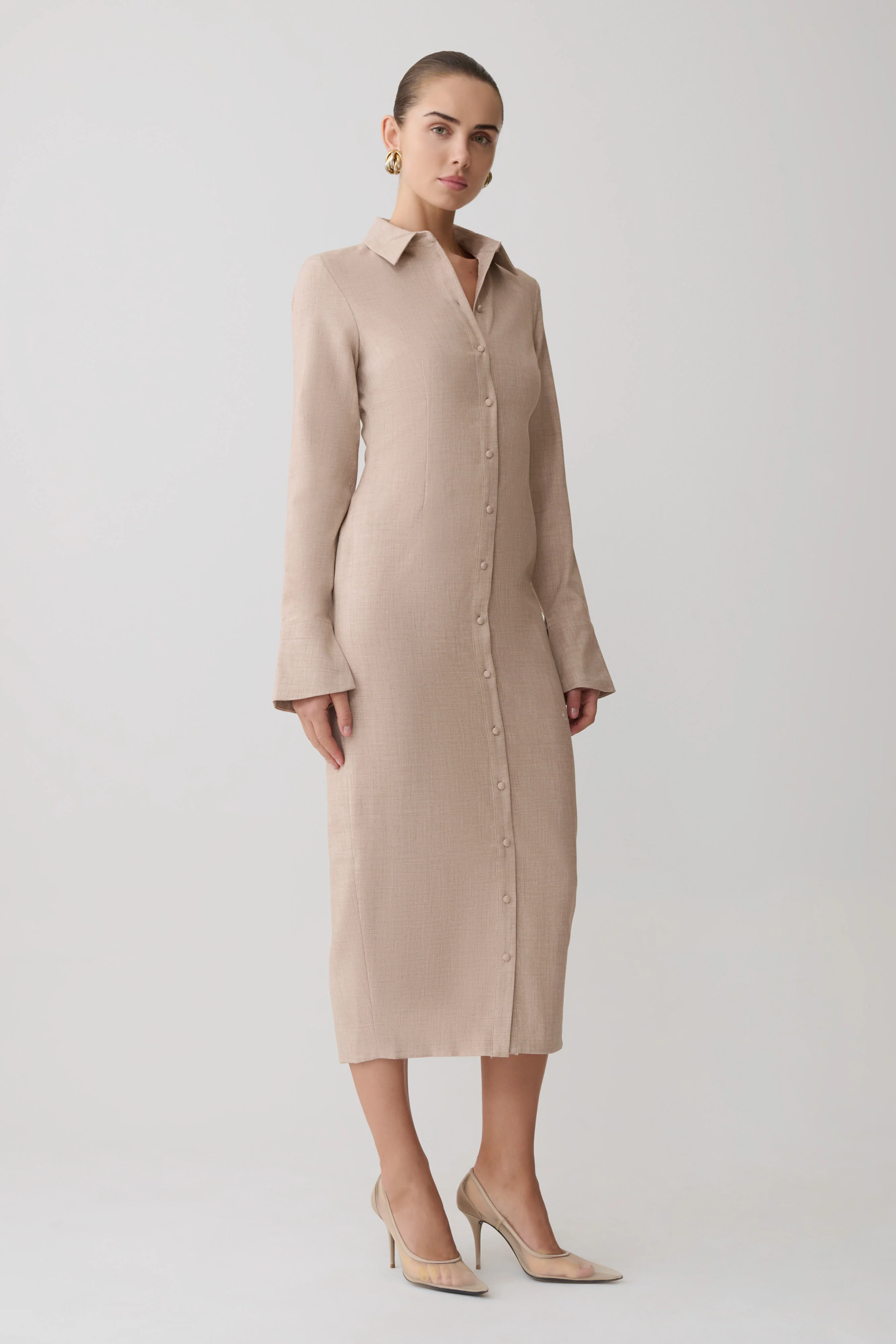 Dorian Fitted Shirt Midi Dress - Wheat Marle - Image 3