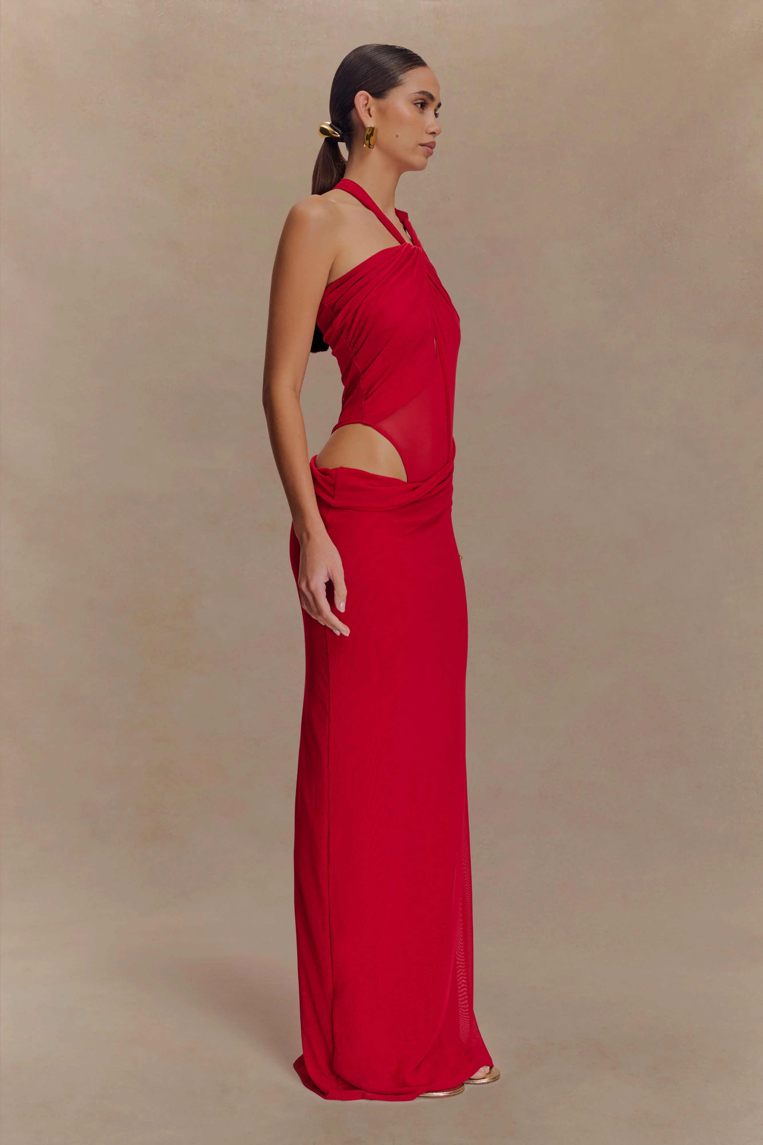 Edwina Knotted Mesh Maxi Dress - Red - Image 6