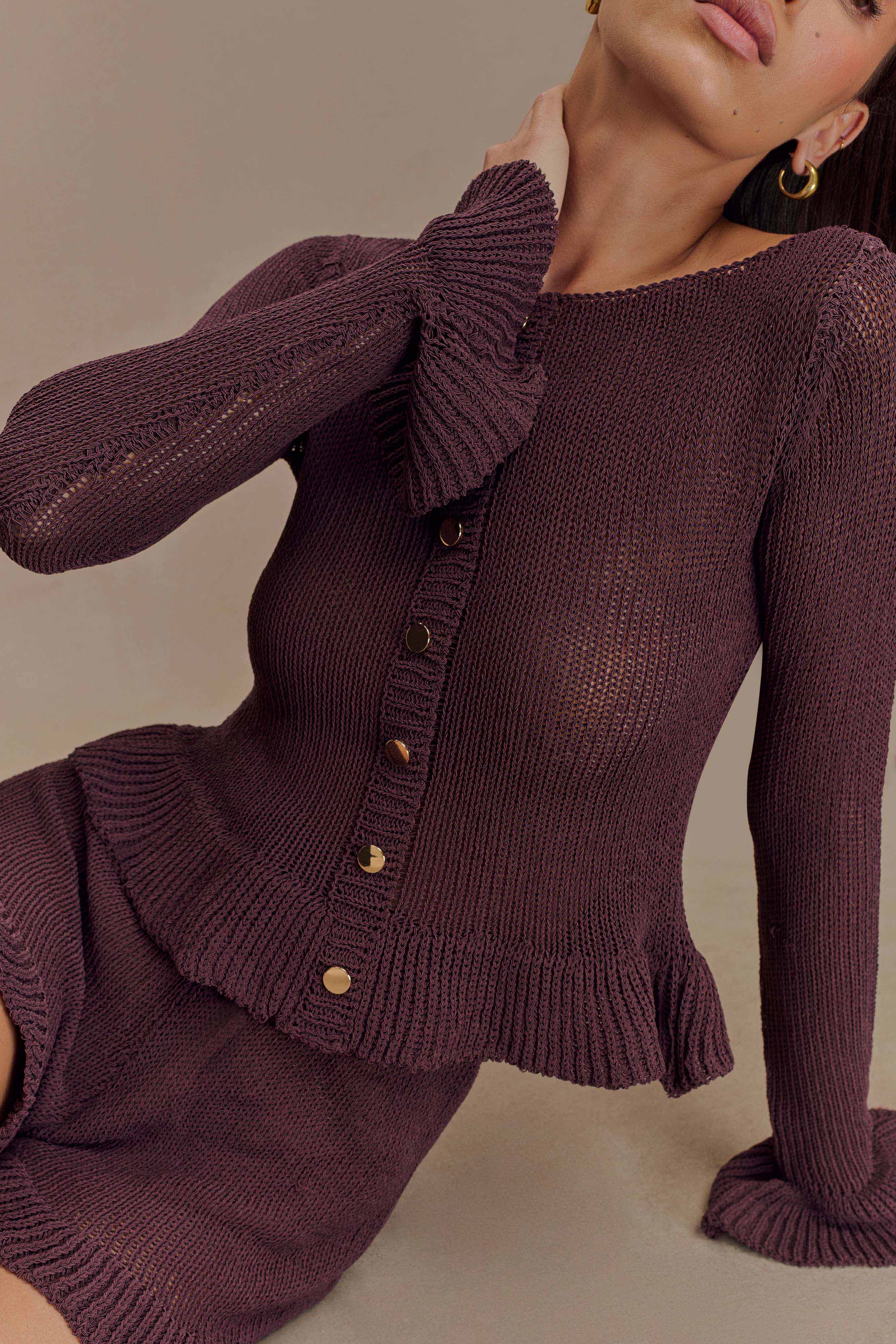 Eleanor Knit Frill Cardigan - Chocolate - Image 3
