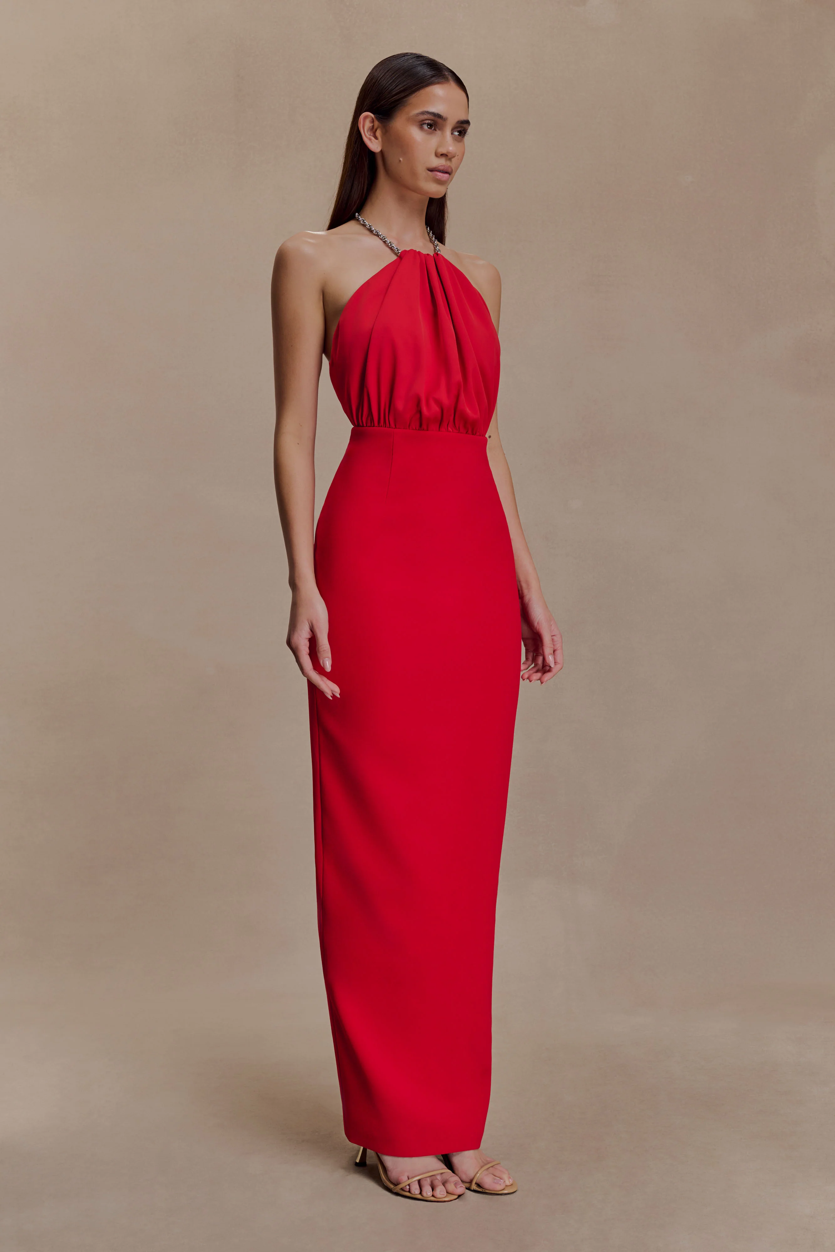 Elina Satin Necklace Maxi Dress - Red - Image 3