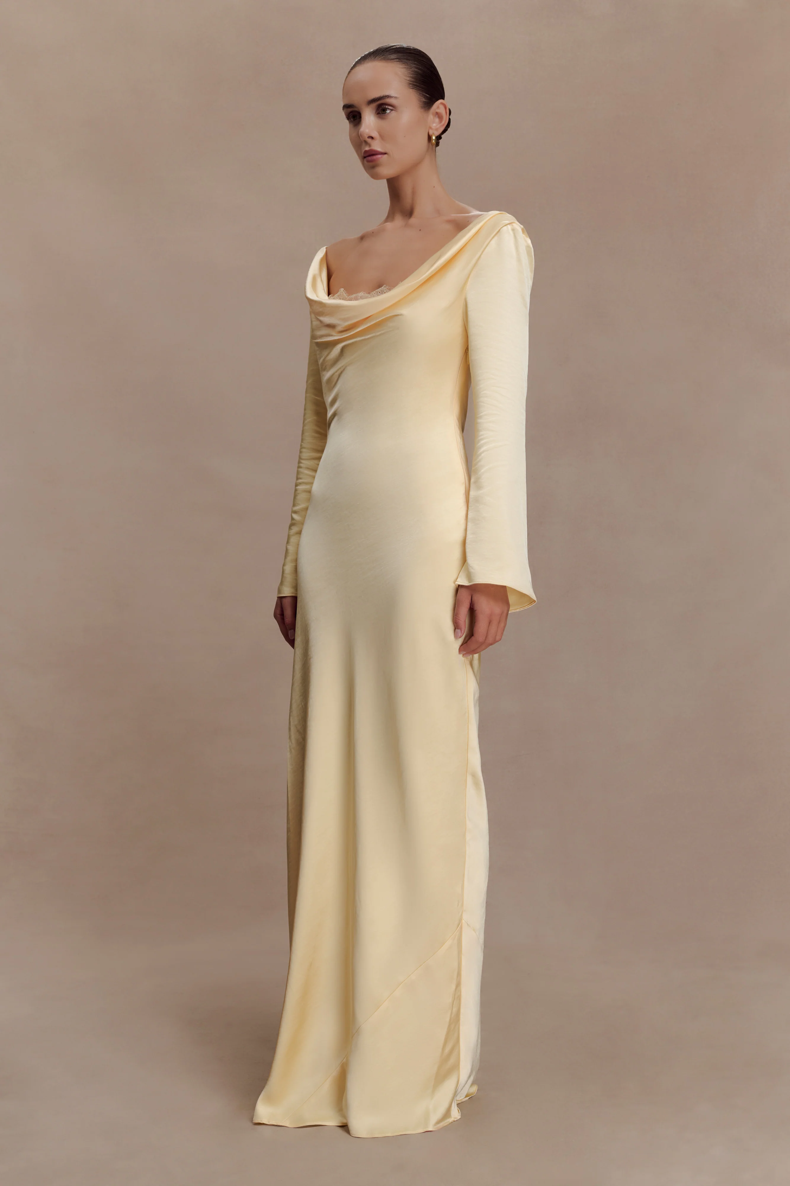 Eliza Long Sleeve Cowl Lace And Satin Maxi Dress - Lemon - Image 3