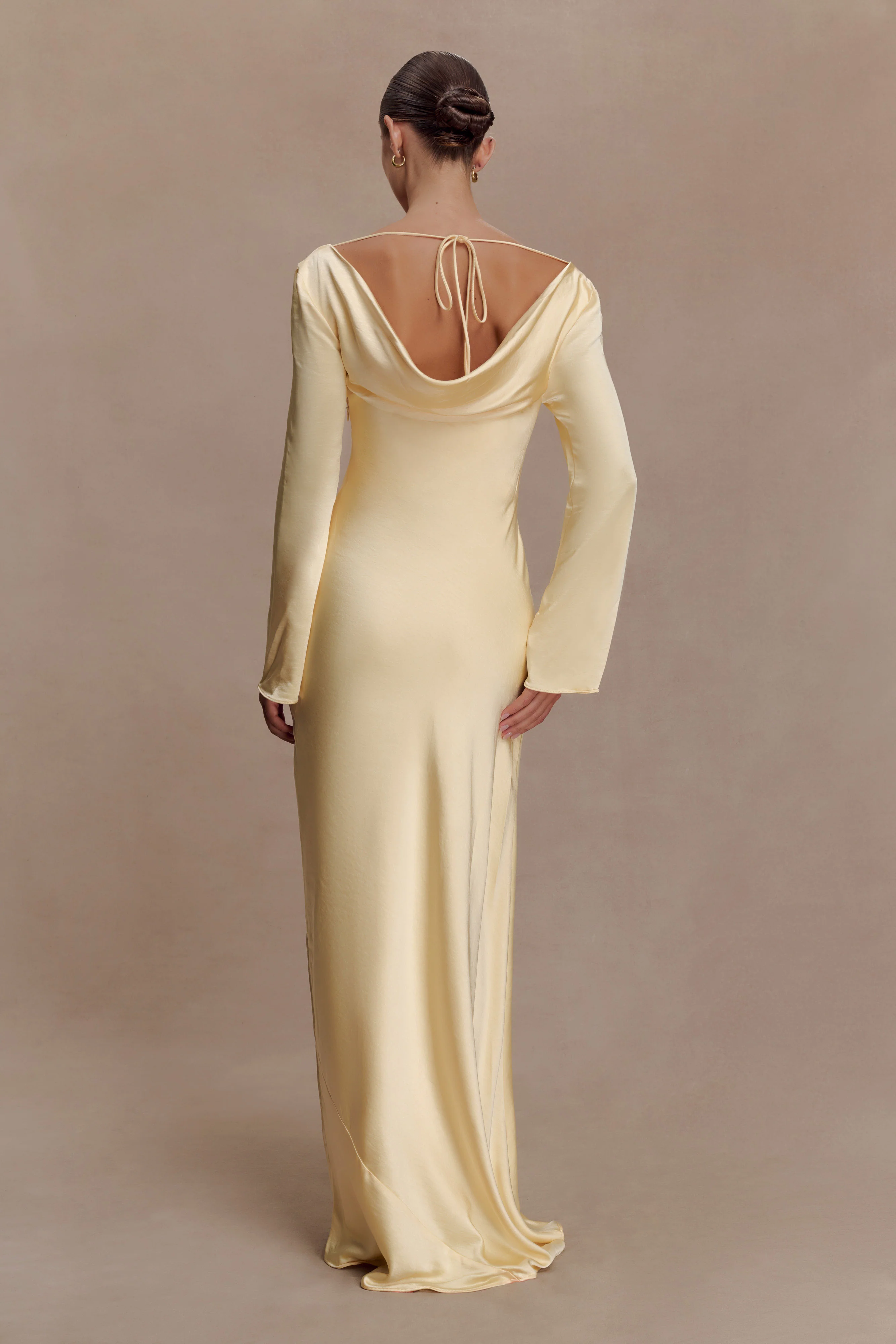 Eliza Long Sleeve Cowl Lace And Satin Maxi Dress - Lemon - Image 4
