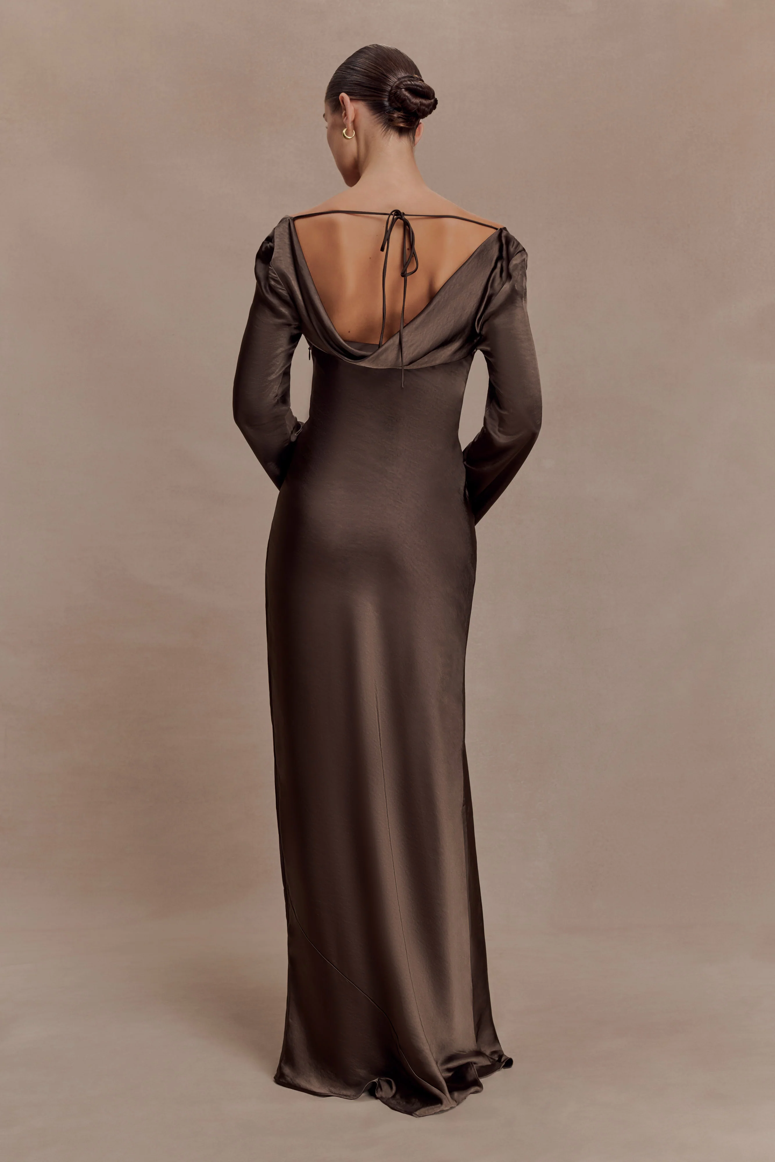 Eliza Long Sleeve Cowl Lace And Satin Maxi Dress - Mocha - Image 6