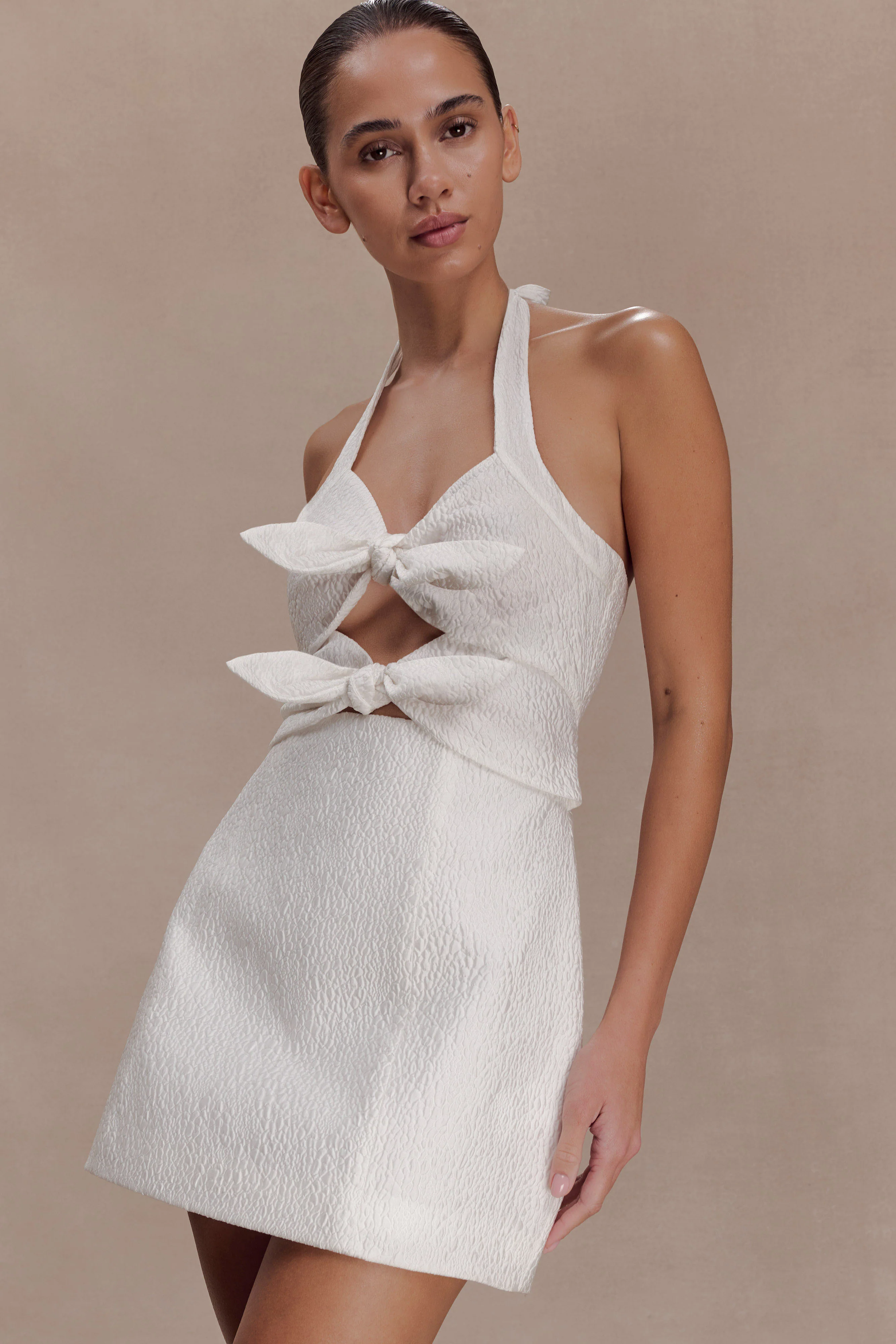 Ella Bow Detail Halter Mini Dress - White - Image 7