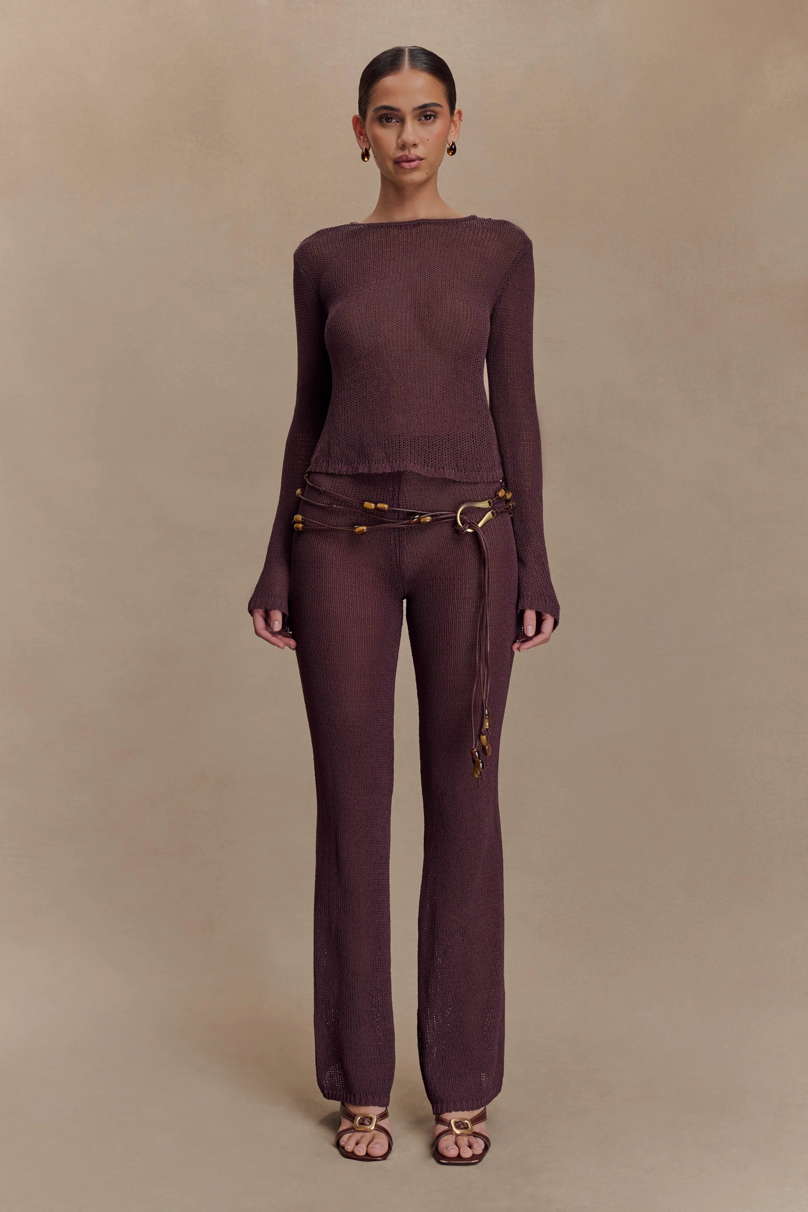 Enid Faux Leather Beaded Belt - Chocolate - Image 5