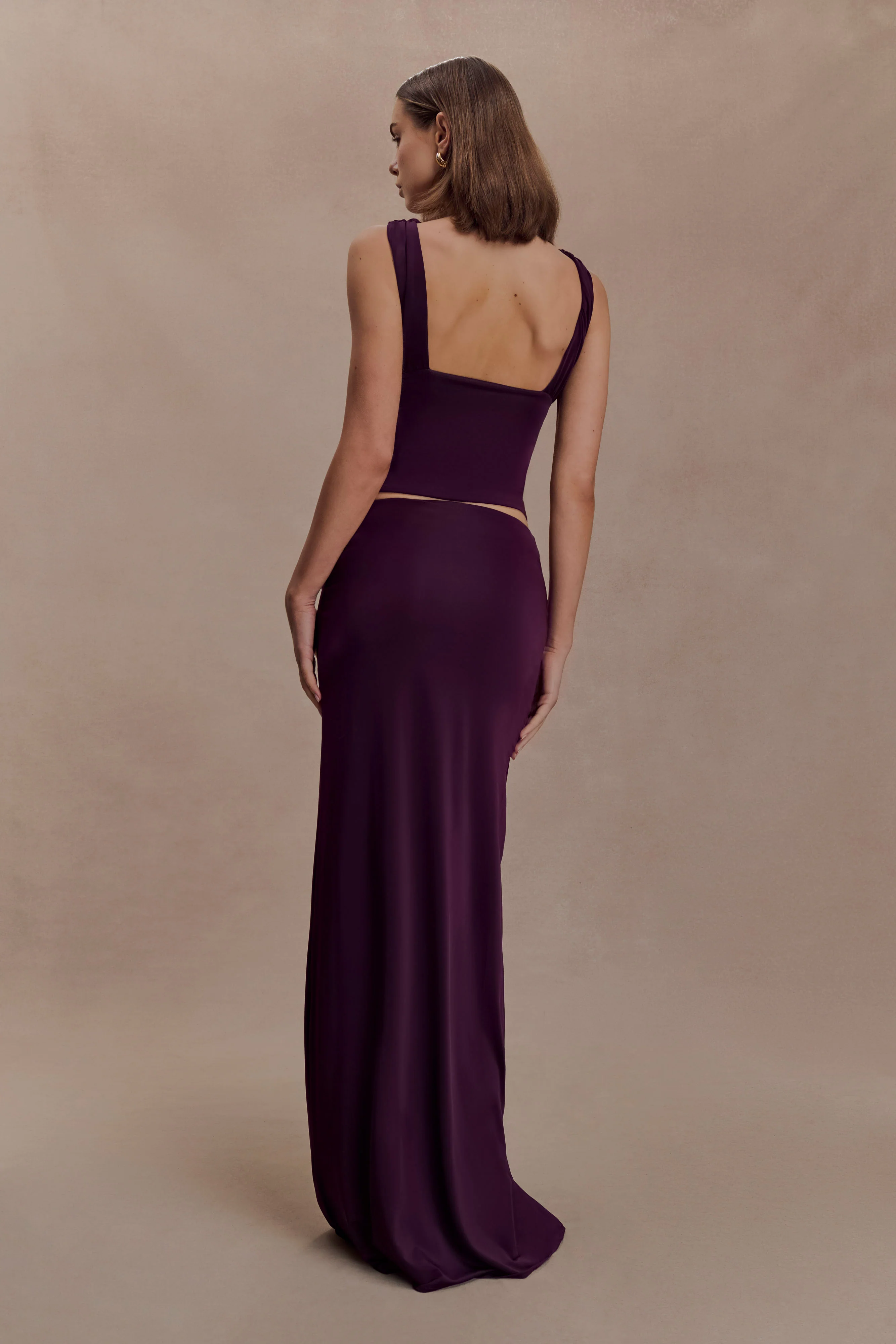 Erina Slinky Ruched Maxi Skirt With Hardware - Aubergine - Image 2