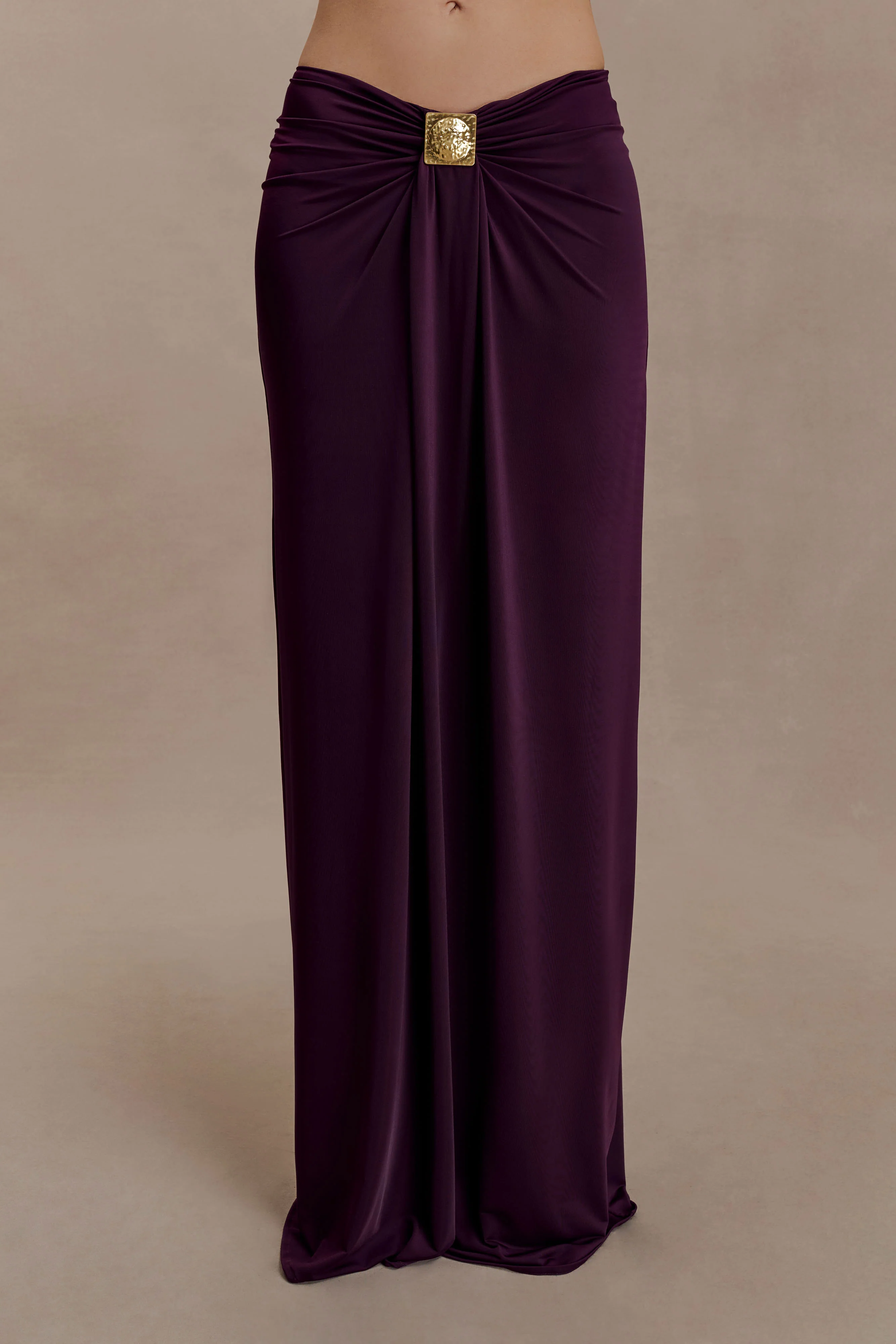 Erina Slinky Ruched Maxi Skirt With Hardware - Aubergine - Image 6
