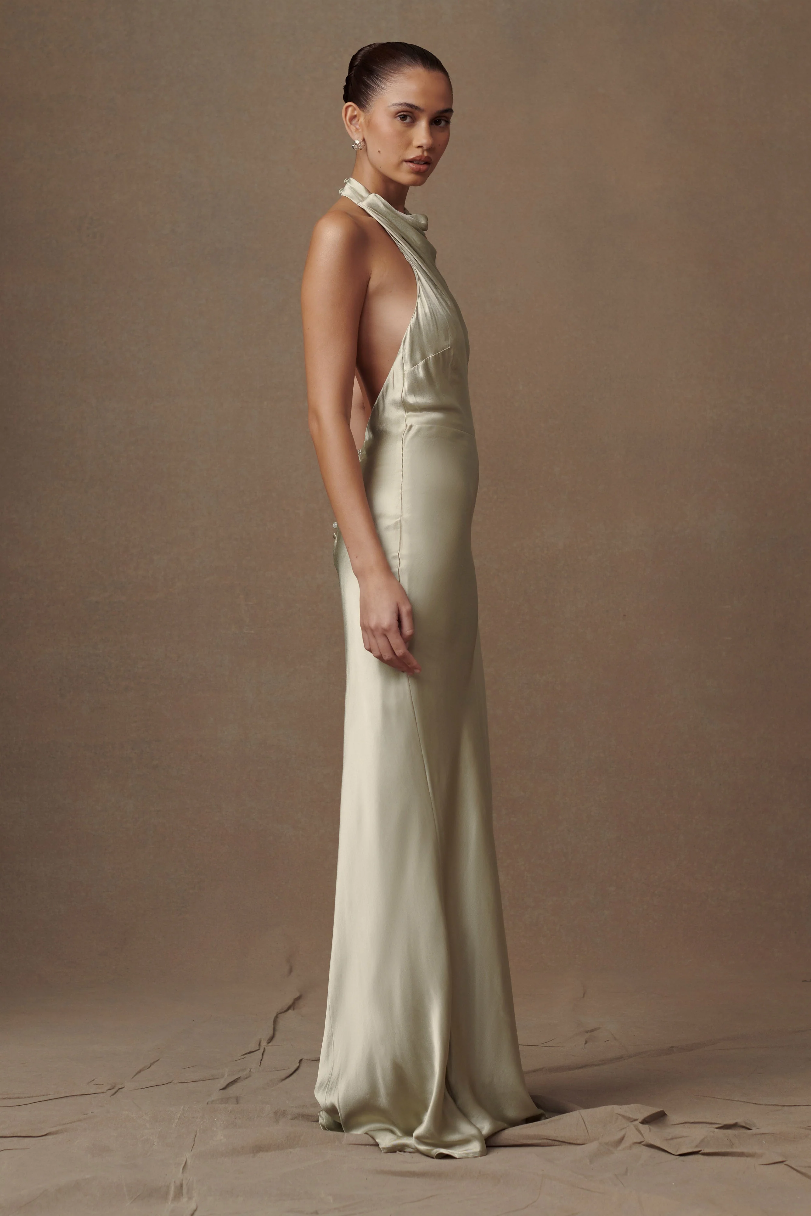 Esther Iridescent Satin Cowl Maxi Dress - Sage - Image 3