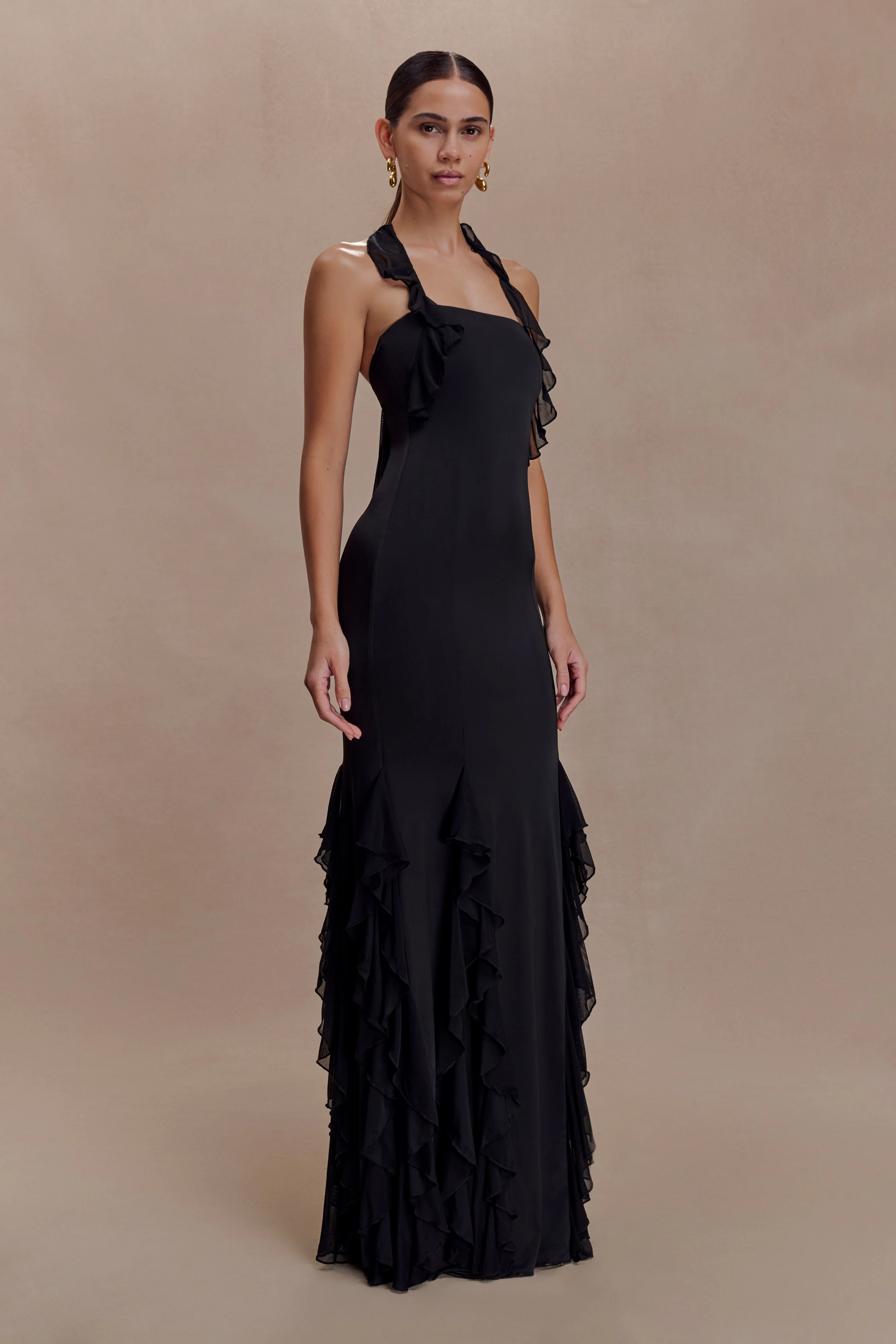 Etta Ruffle Slinky Maxi Dress - Black - Image 5