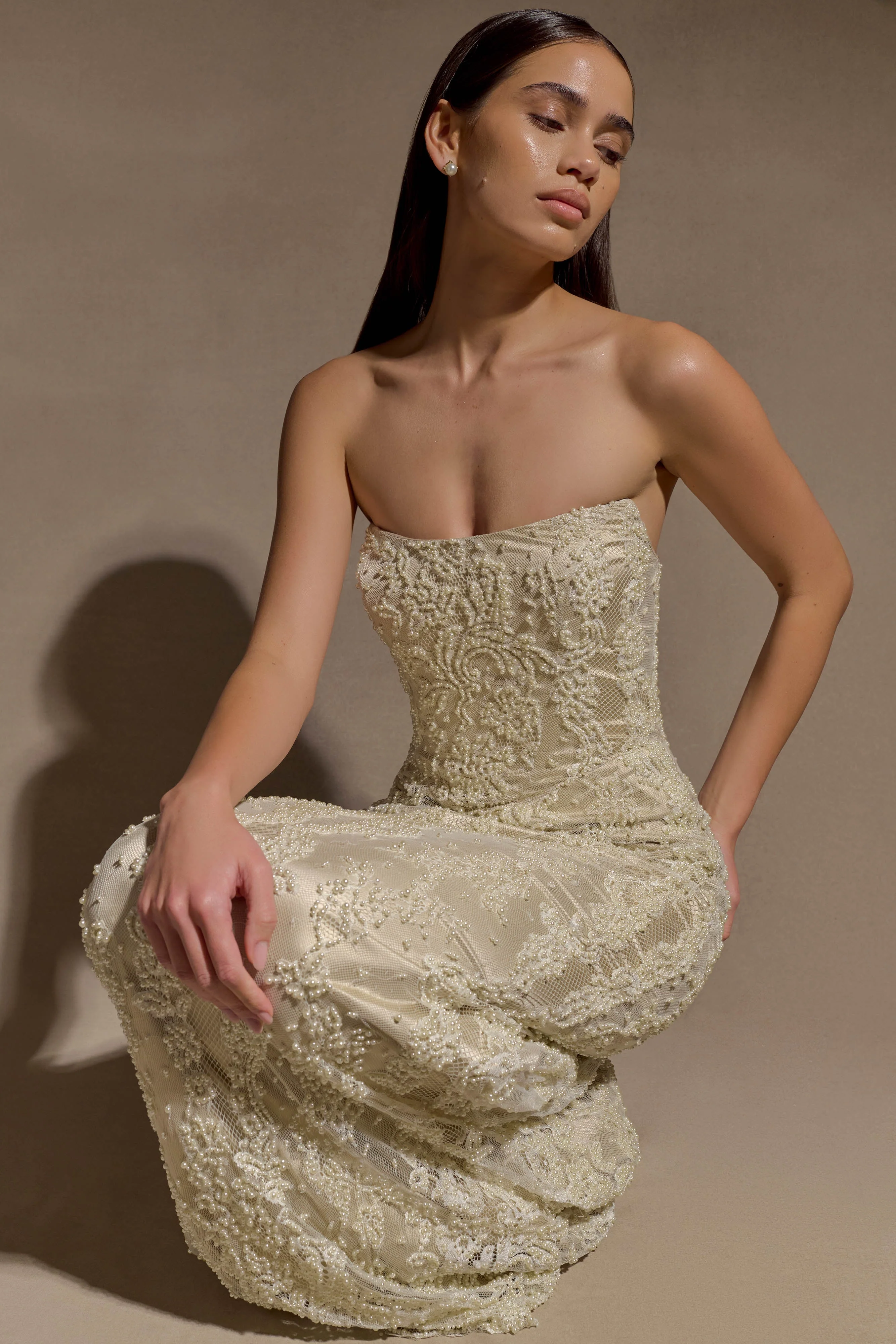 Eva Hand Beaded Pearl & Lace Maxi Dress - White - Image 2