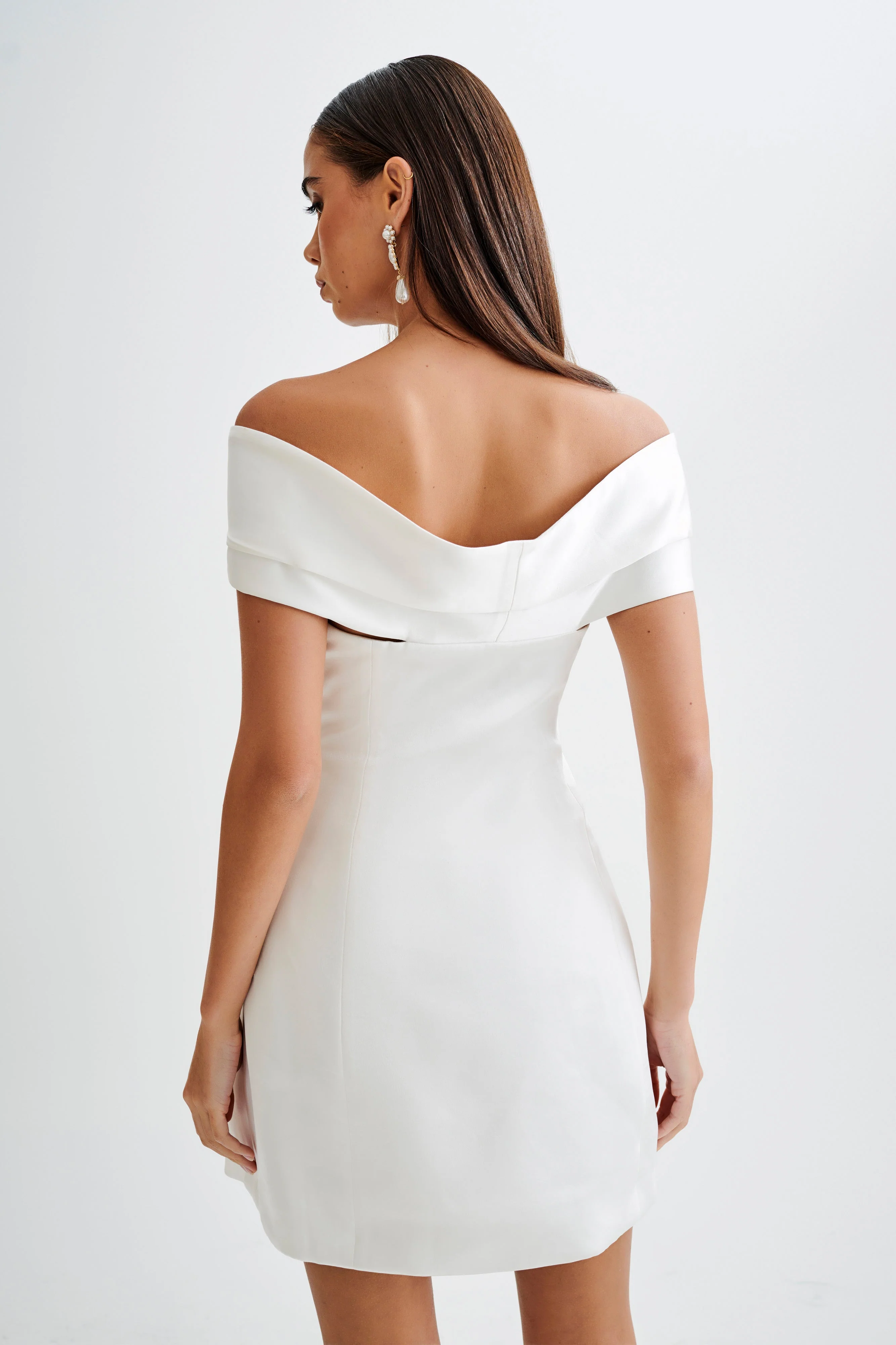 Evita Satin Off Shoulder Mini Dress - White - Image 3
