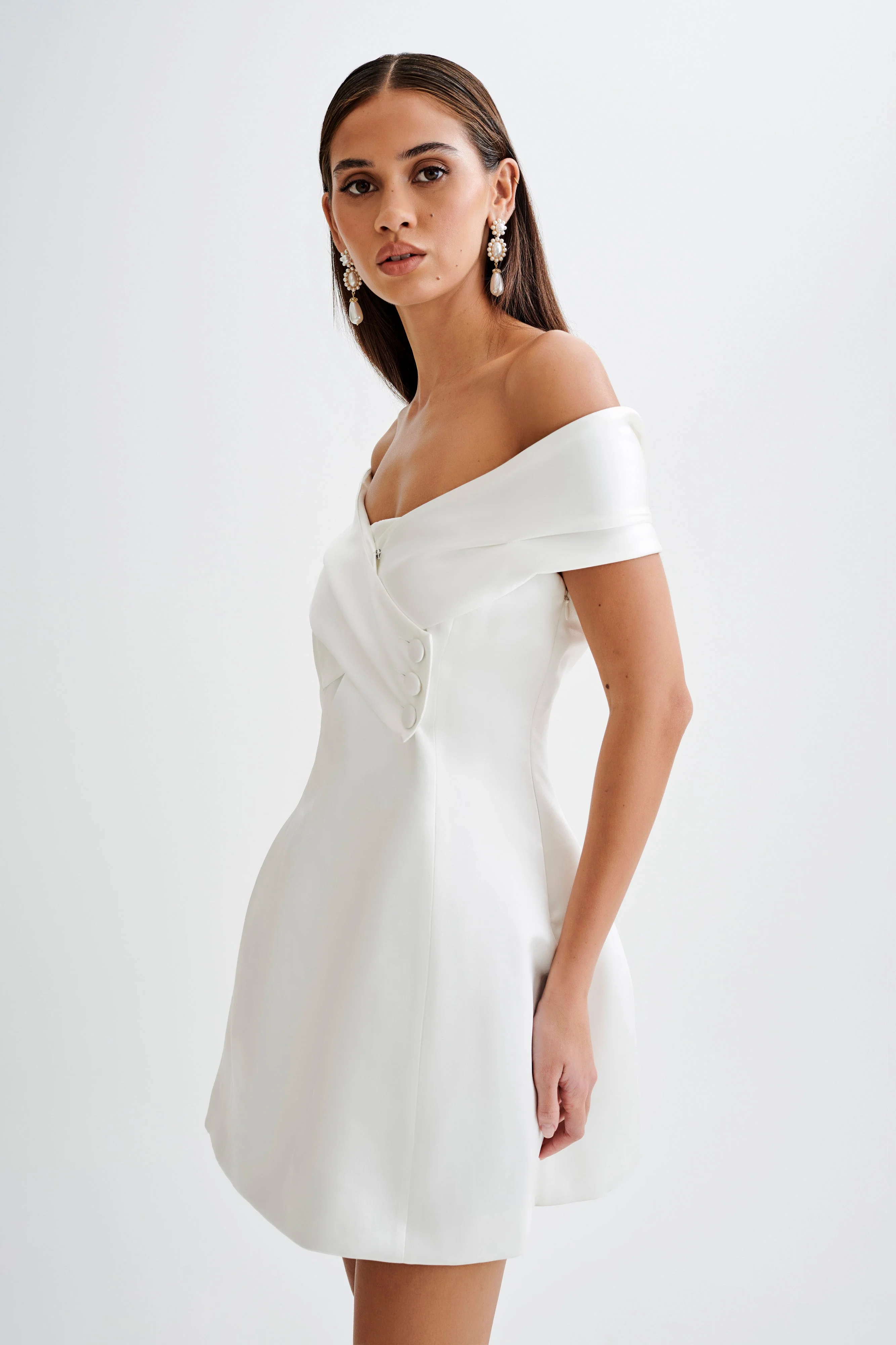 Evita Satin Off Shoulder Mini Dress - White - Image 7
