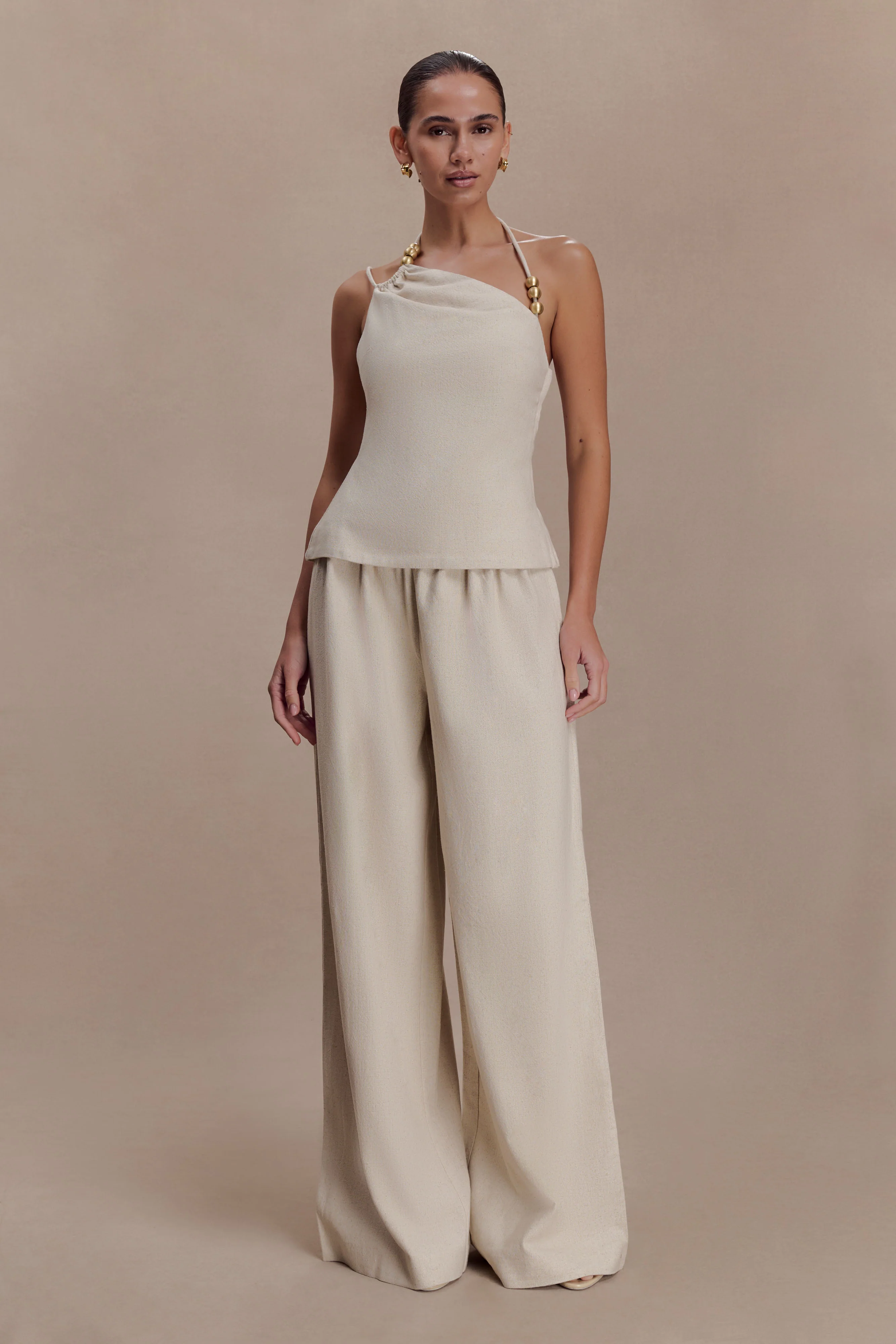 Gabby Asymmetrical Neckline Linen Beaded Top - Natural - Image 5