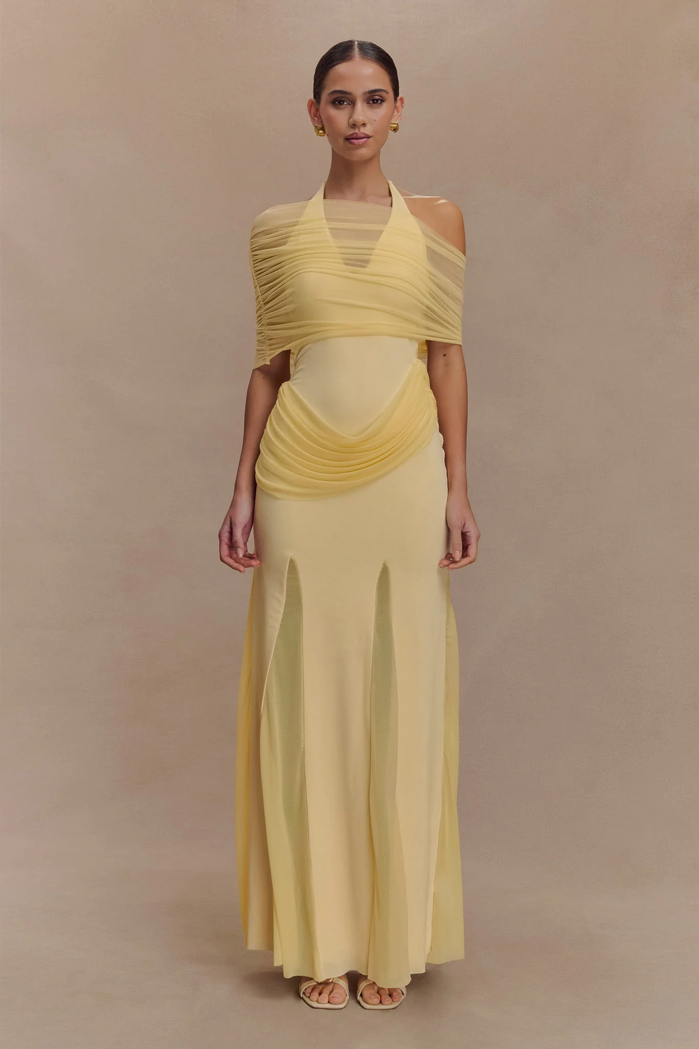 Gabrielle Slinky And Mesh Maxi Dress - Lemon - Image 2