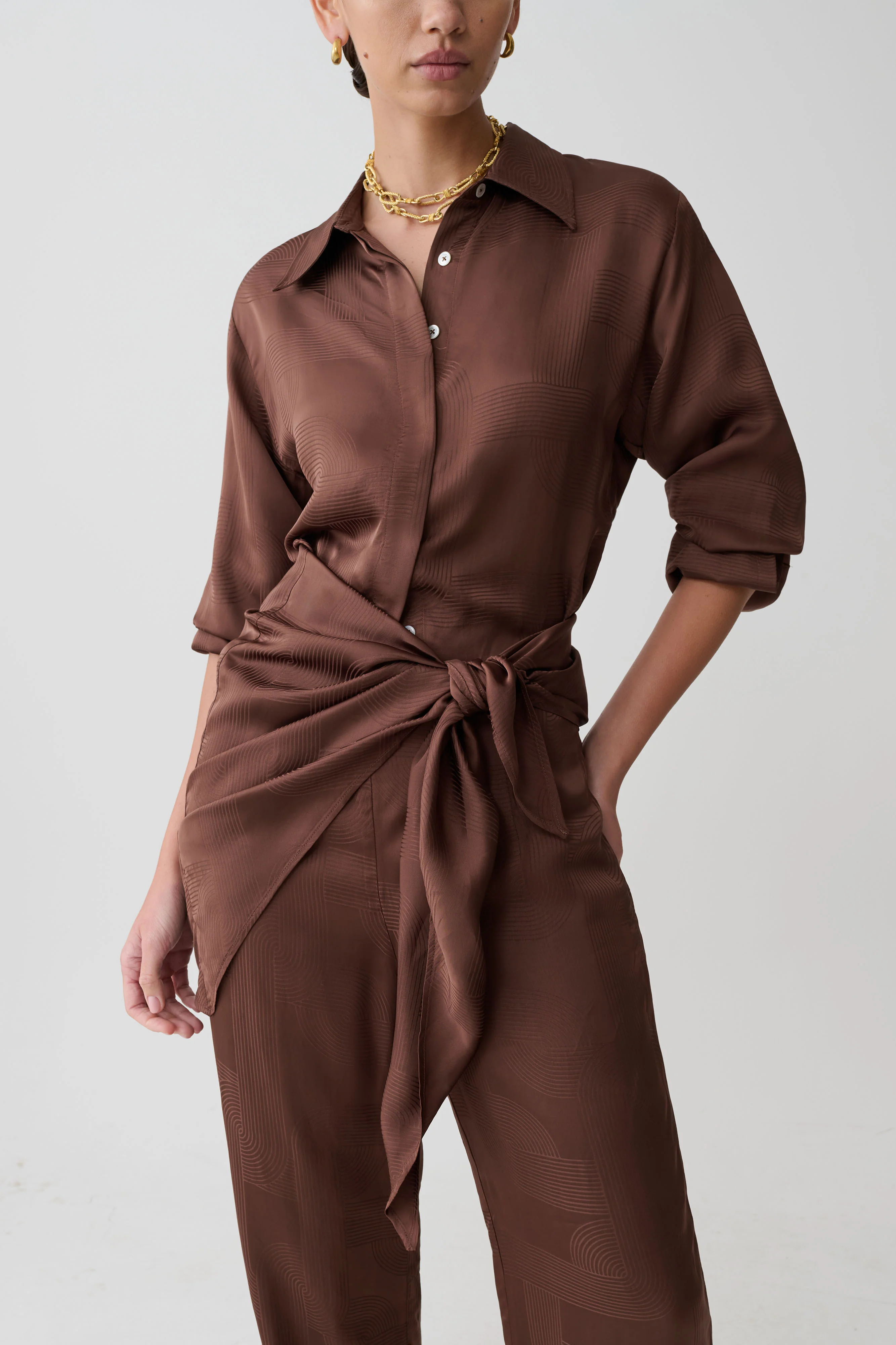 Gia Long Sleeve Satin Shirt - Chocolate - Image 2
