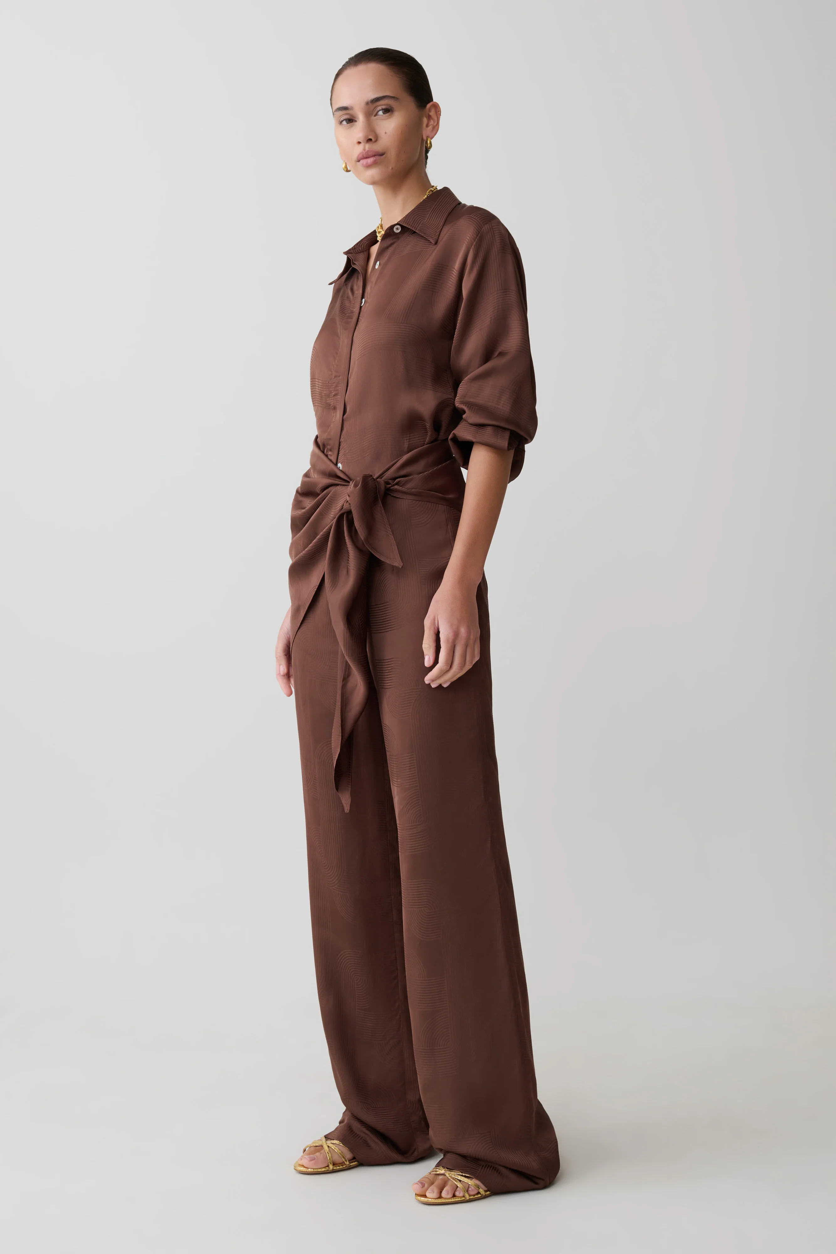 Gia Wrapped Tie Satin Pants - Chocolate - Image 3