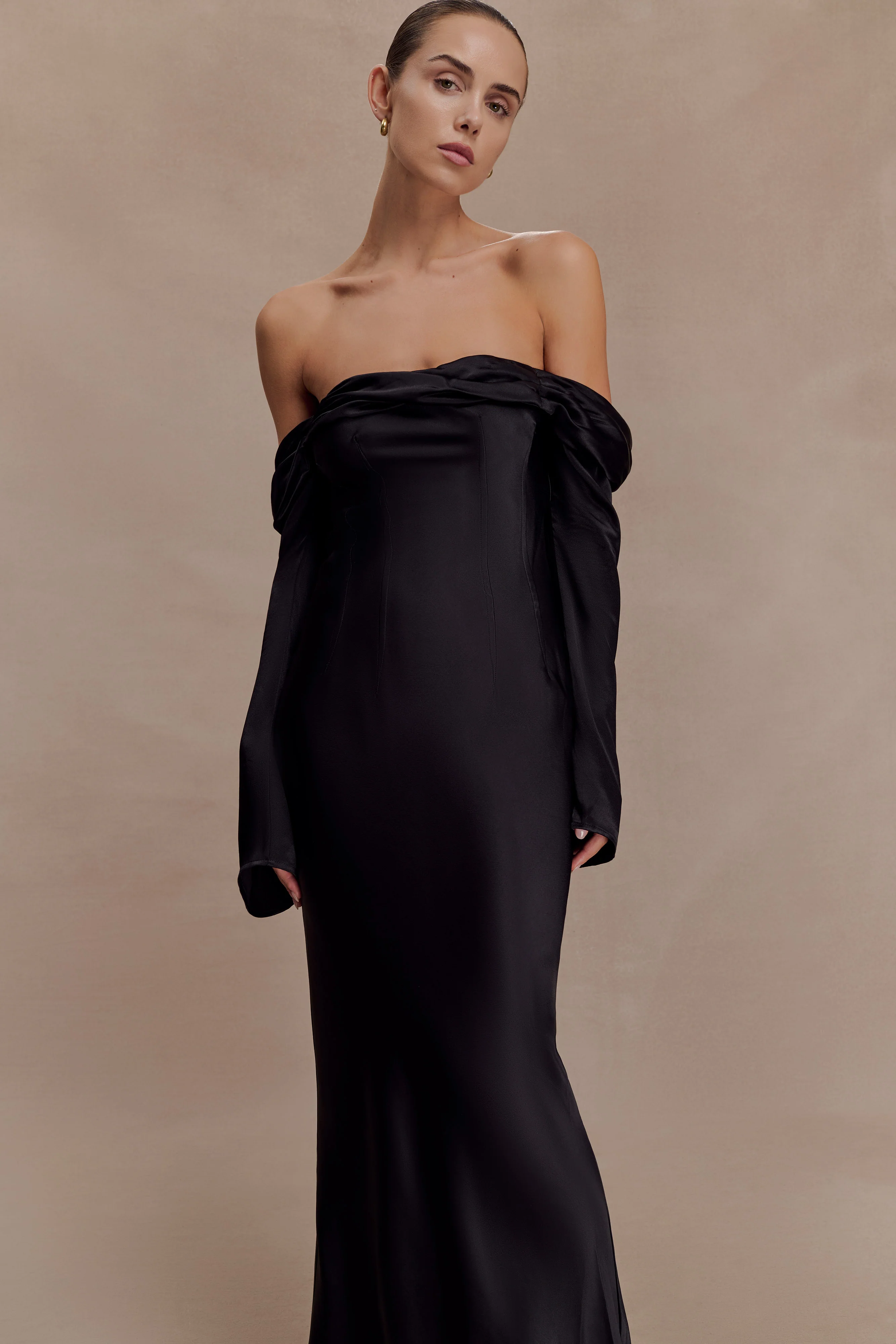 Giselle Off Shoulder Cowl Neck Maxi Dress - Black - Image 6