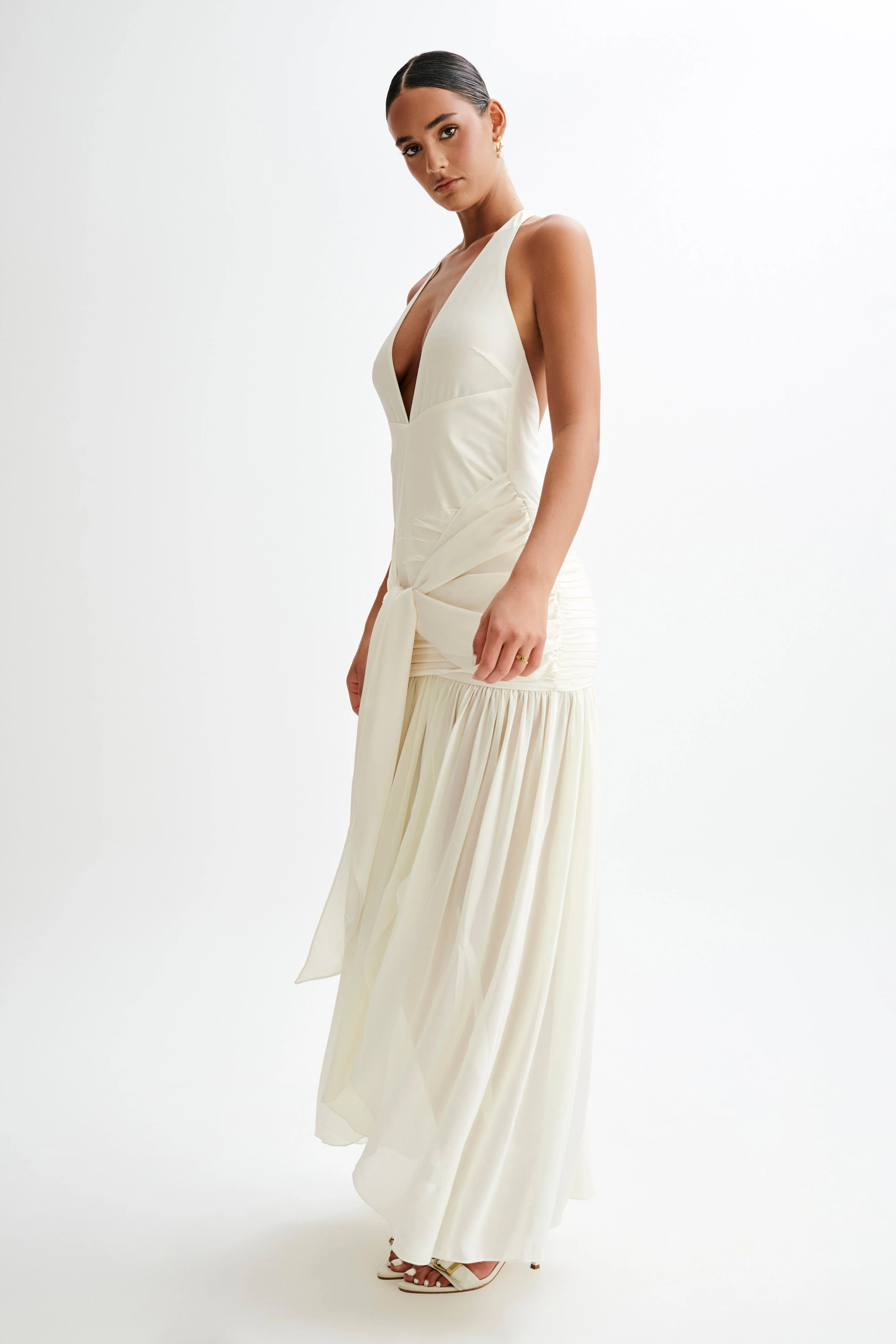 Graziana Satin Chiffon Plunge Maxi Dress - Ivory - Image 10