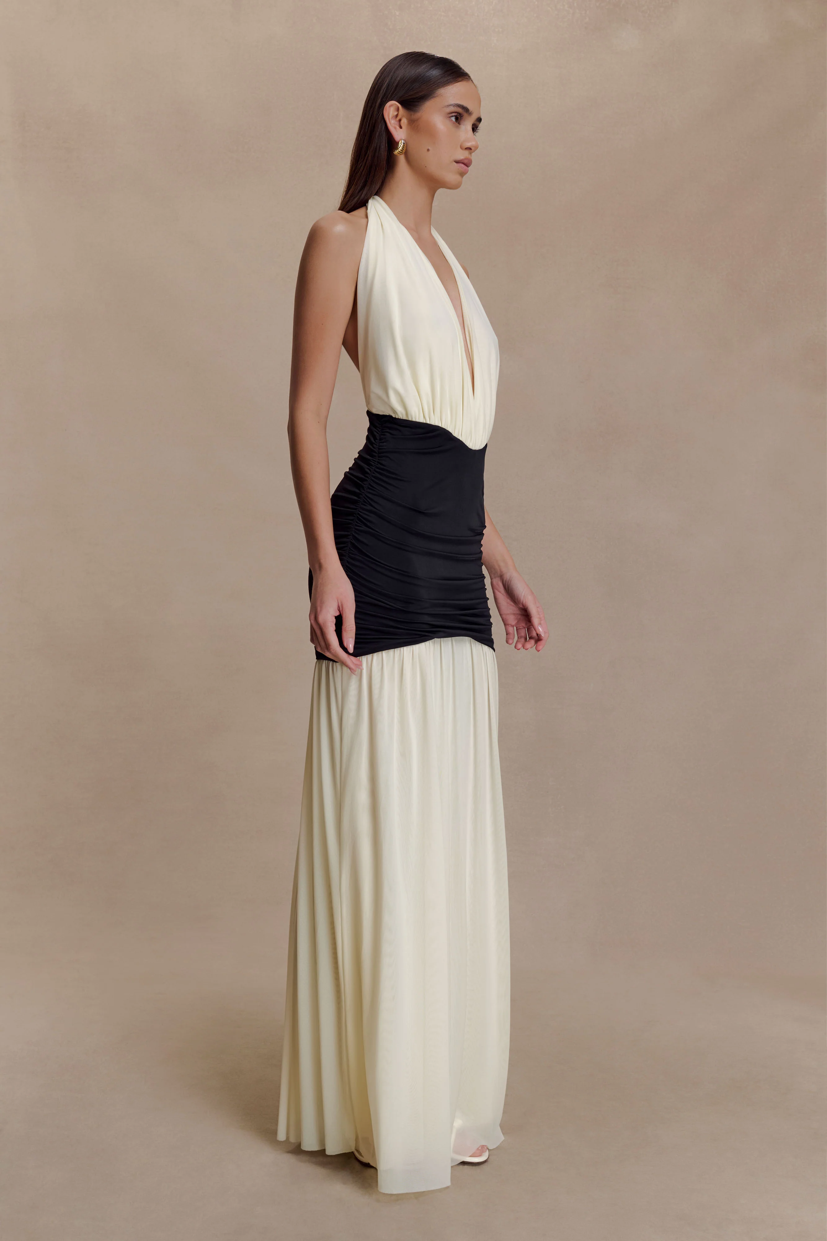 Hailee Slinky And Mesh Halter Maxi Dress - Black/White - Image 4