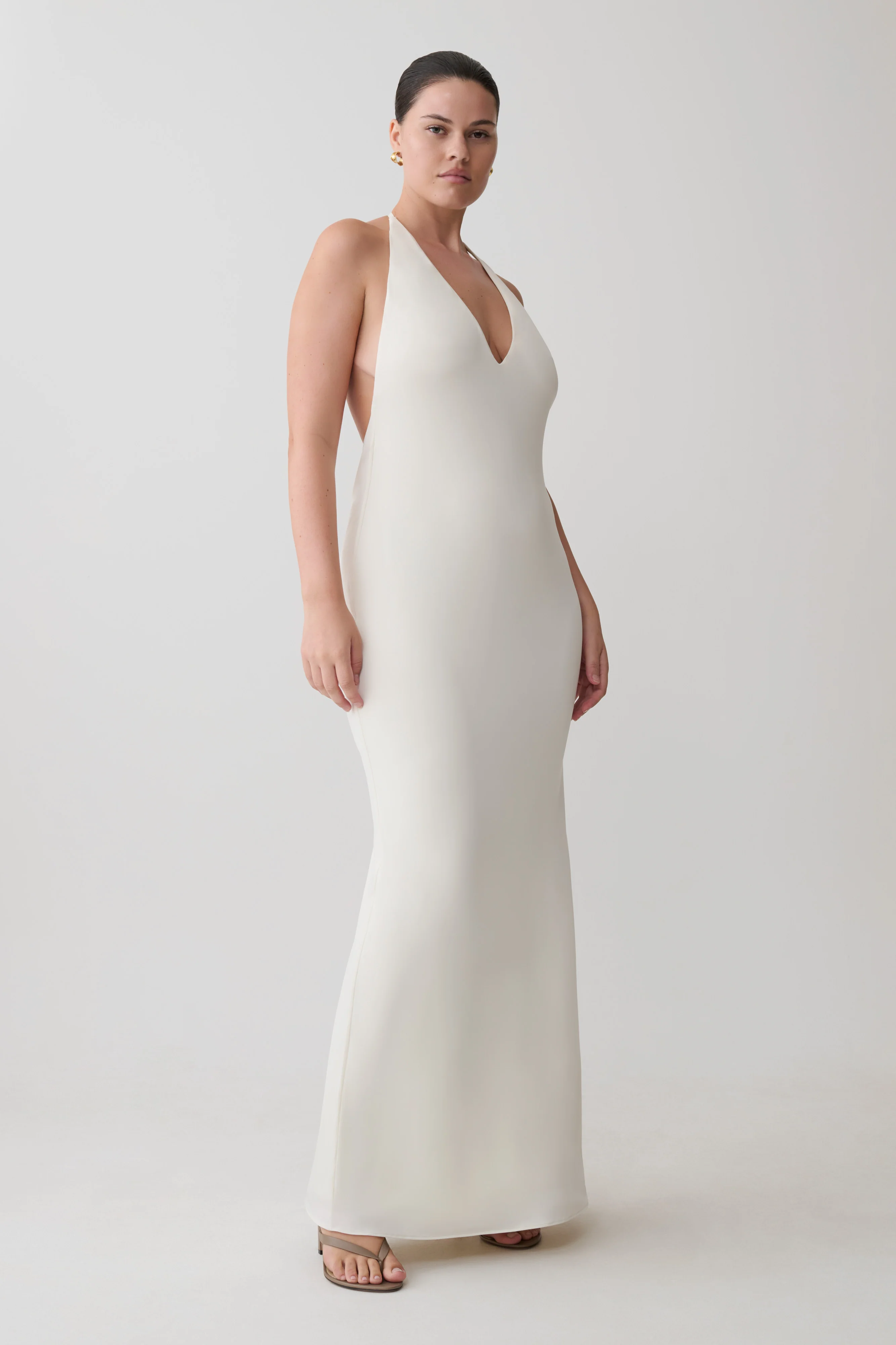 Hana Slinky Plunge Maxi Dress - Ivory - Image 9