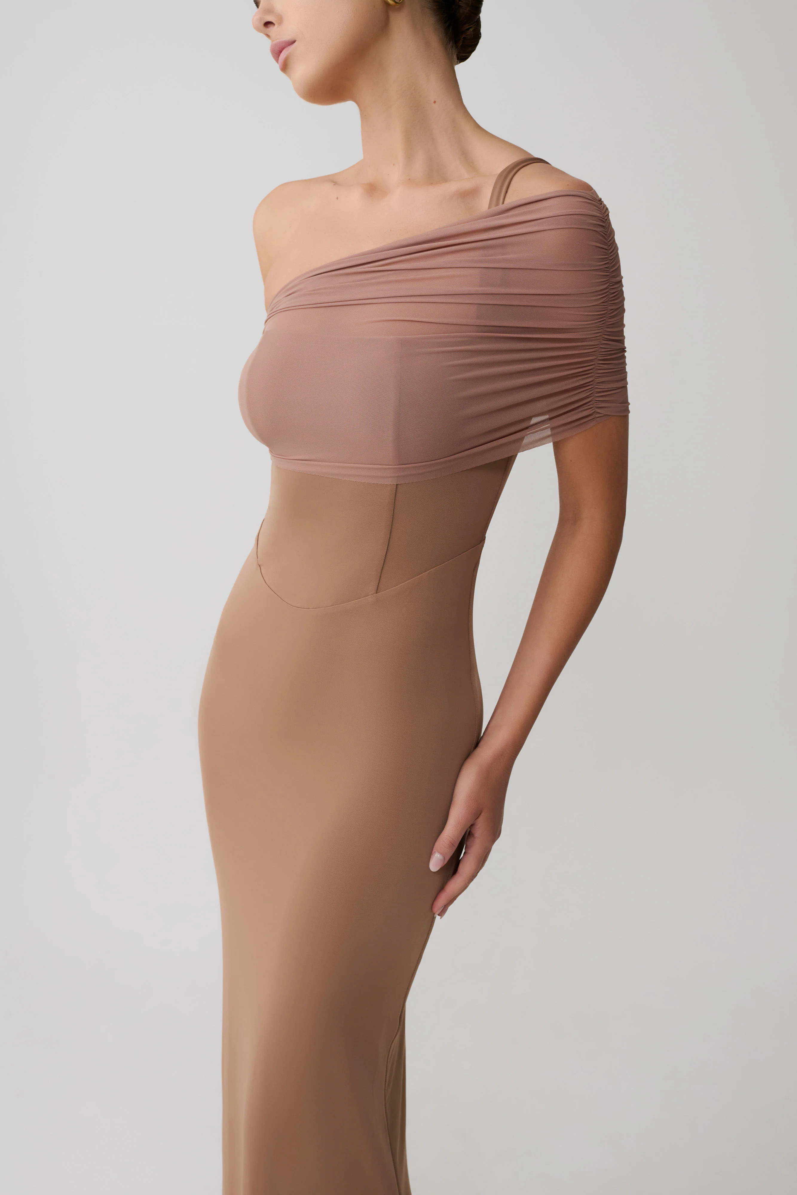 Hanh One Shoulder Mesh Maxi Dress - Tan - Image 6