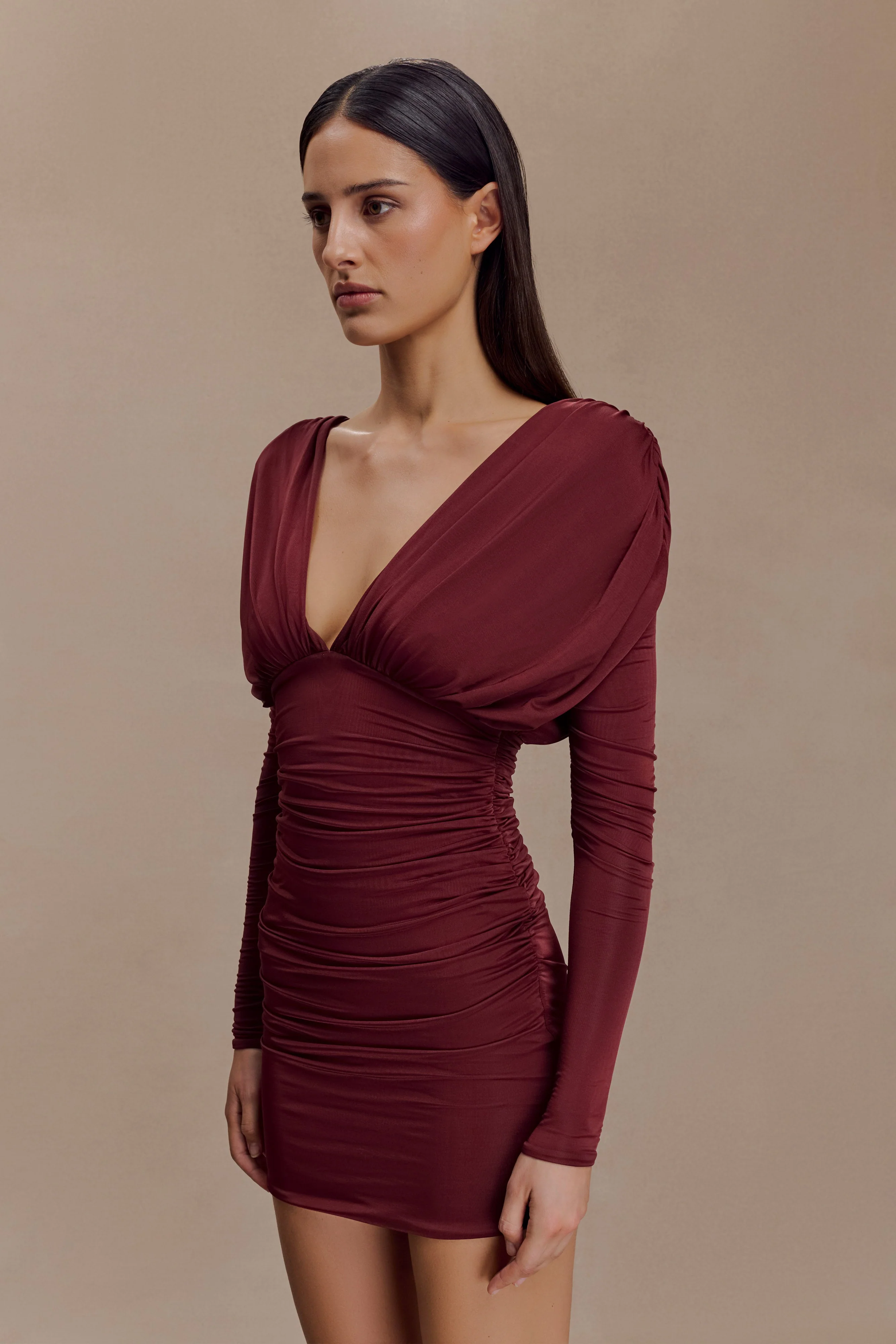 Hayden Long Sleeve Plunge Mini Dress - Burgundy - Image 4
