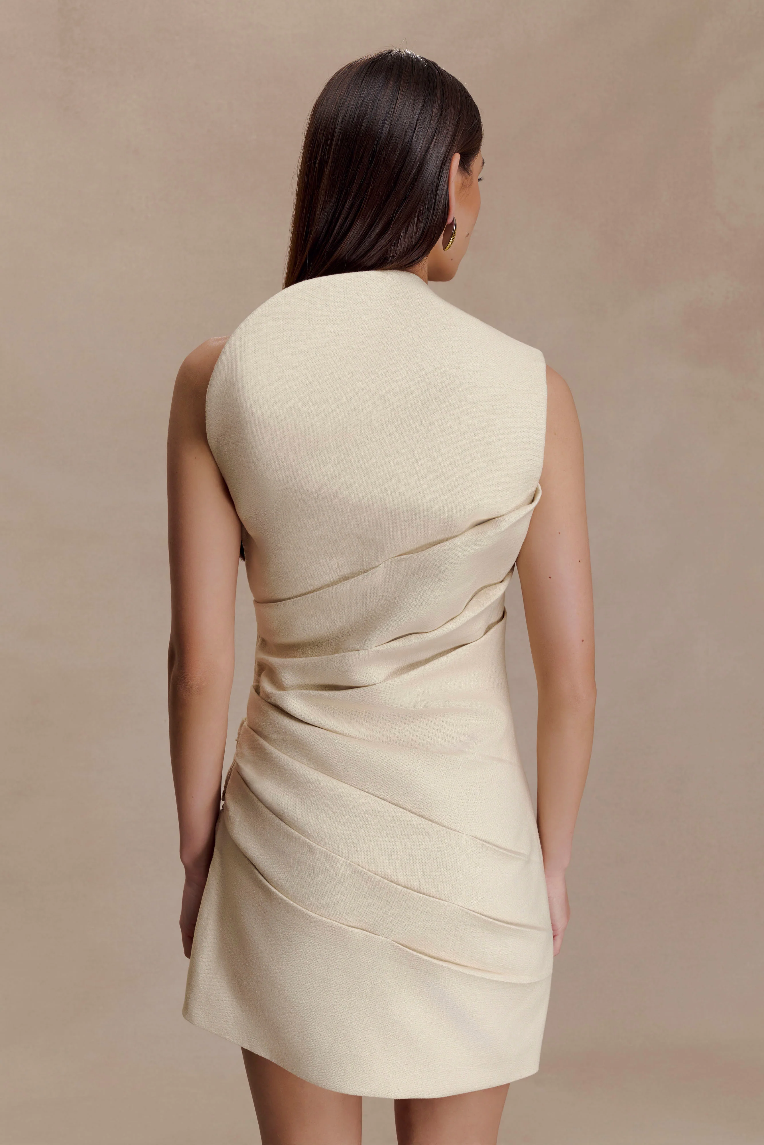 Helena One Shoulder Linen Mini Dress - Natural Beige - Image 5