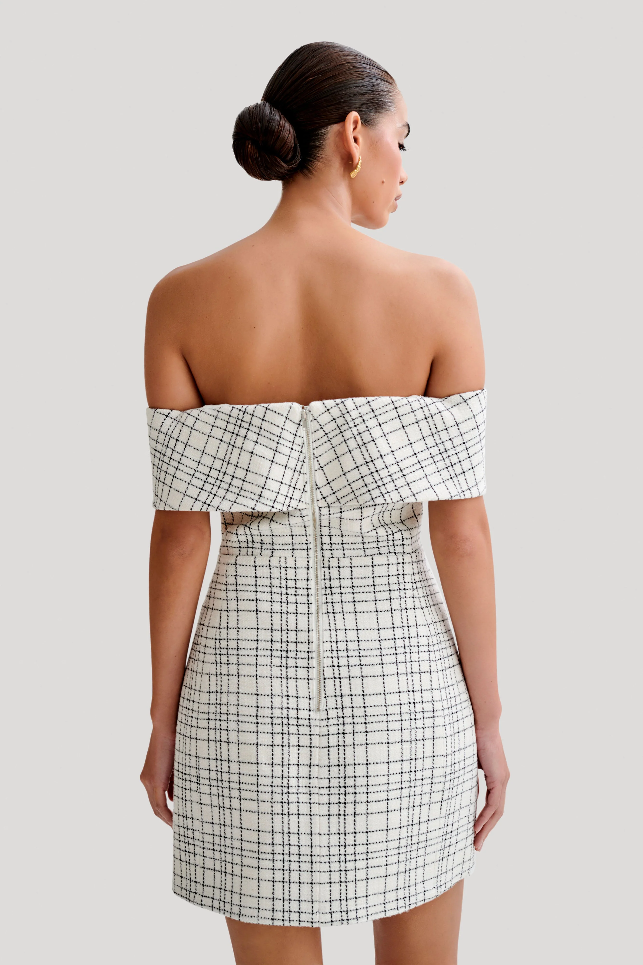 Helena Tweed Off Shoulder Mini Dress - White Check - Image 2