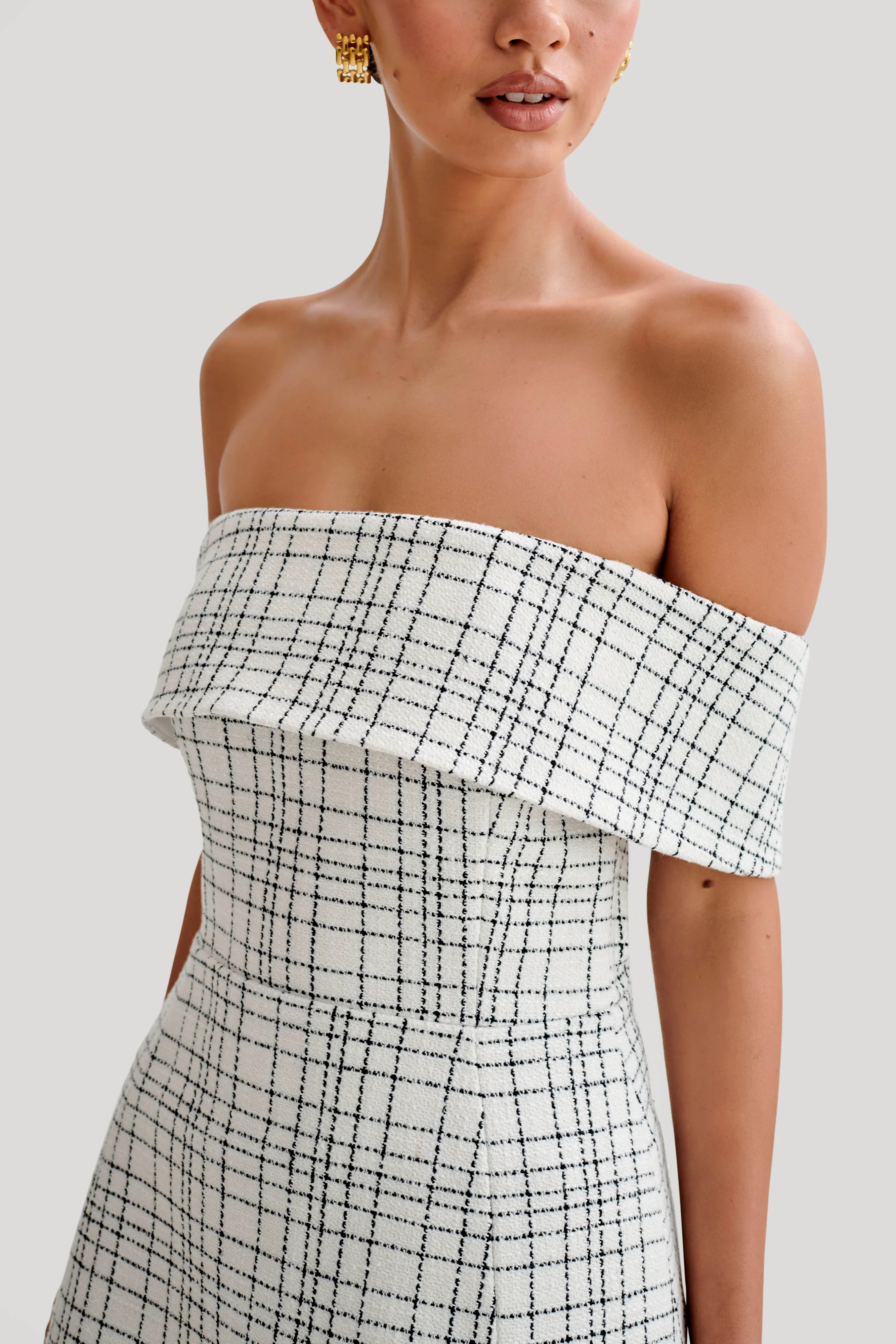 Helena Tweed Off Shoulder Mini Dress - White Check - Image 4