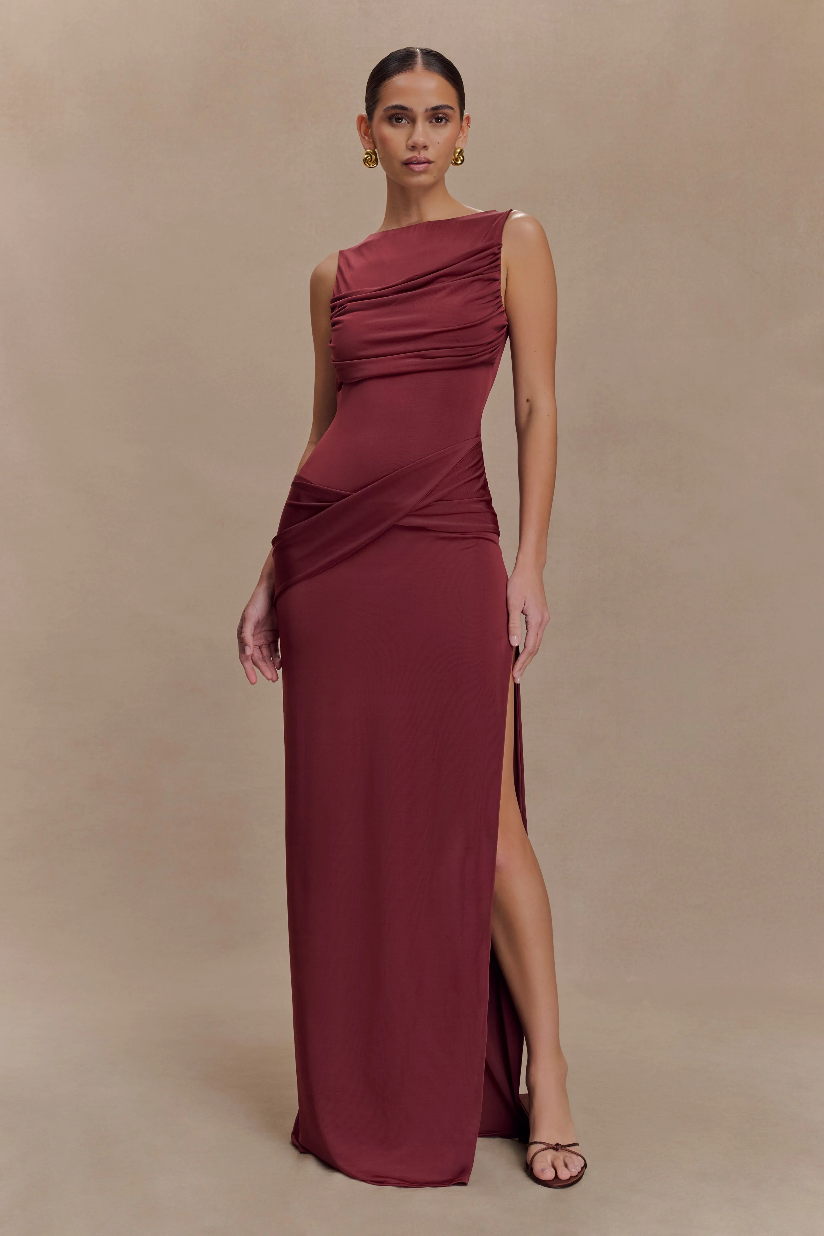 Henley Slinky Drape Maxi Dress - Wine - Image 5