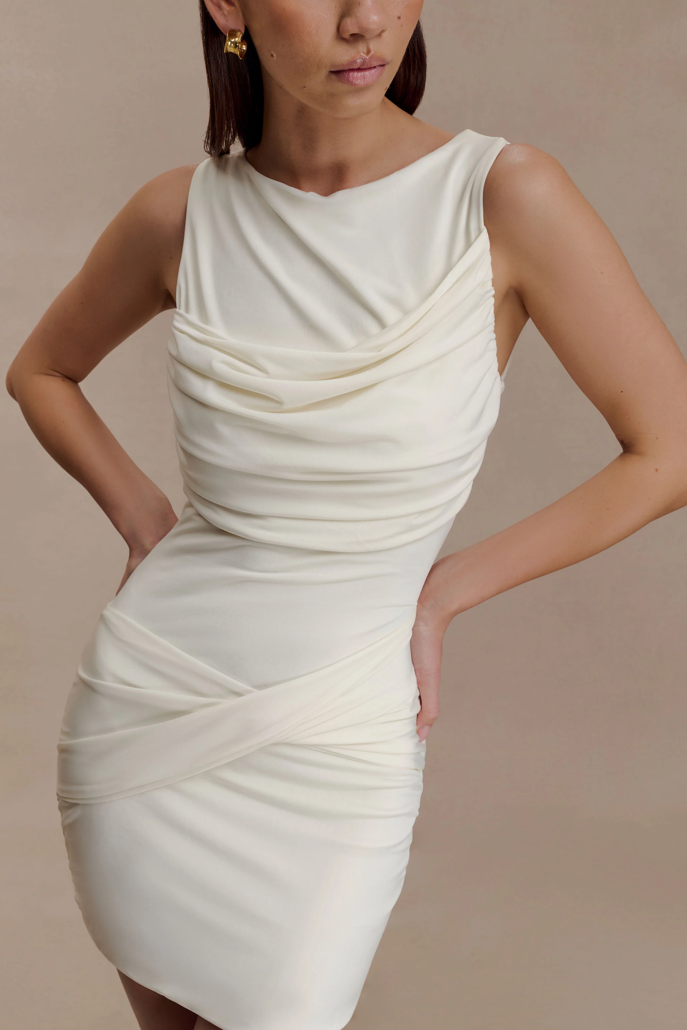 Henley Slinky Drape Mini Dress - Ivory - Image 3