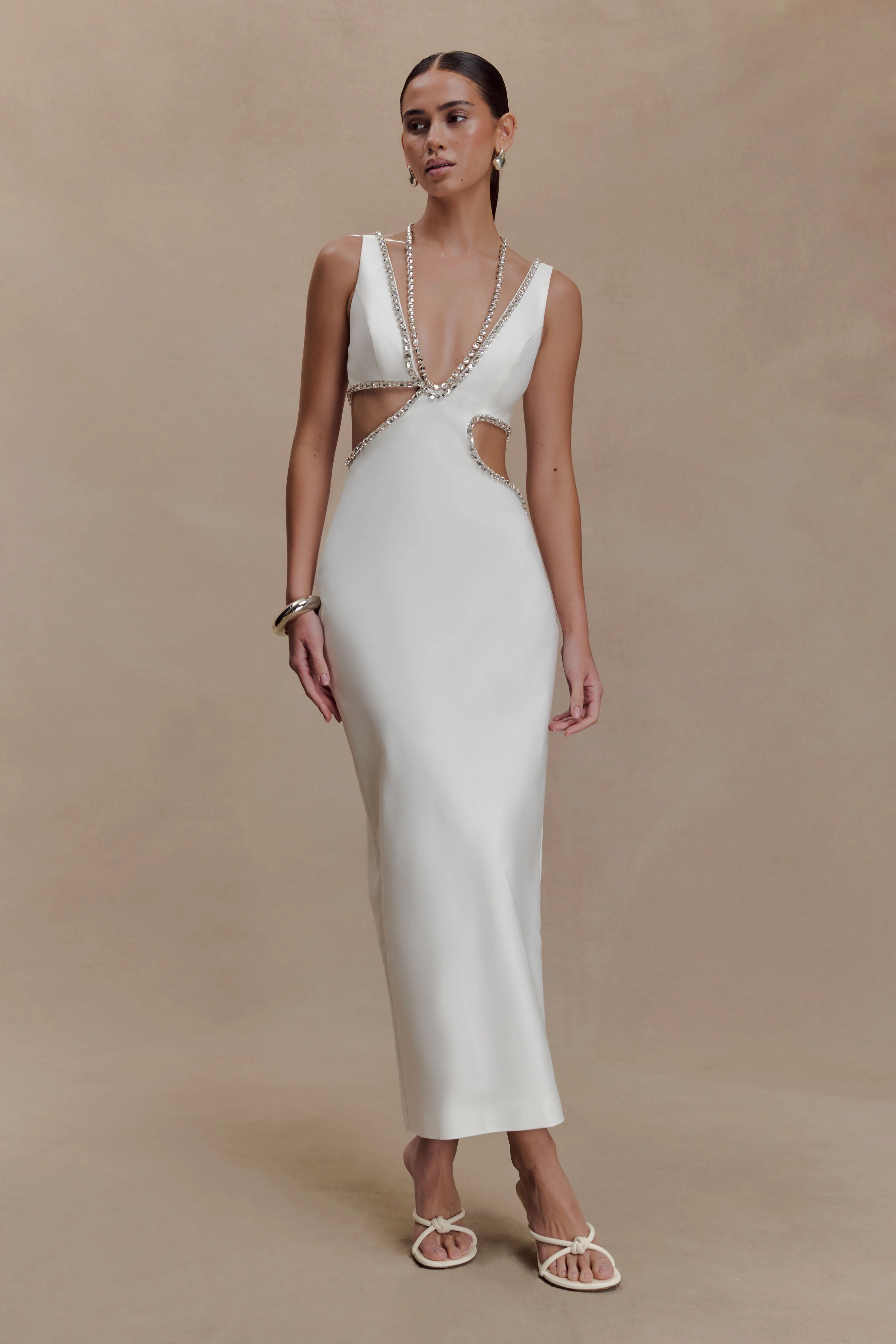 Henny Diamante Trim Cut Out Midi Dress - White - Image 7