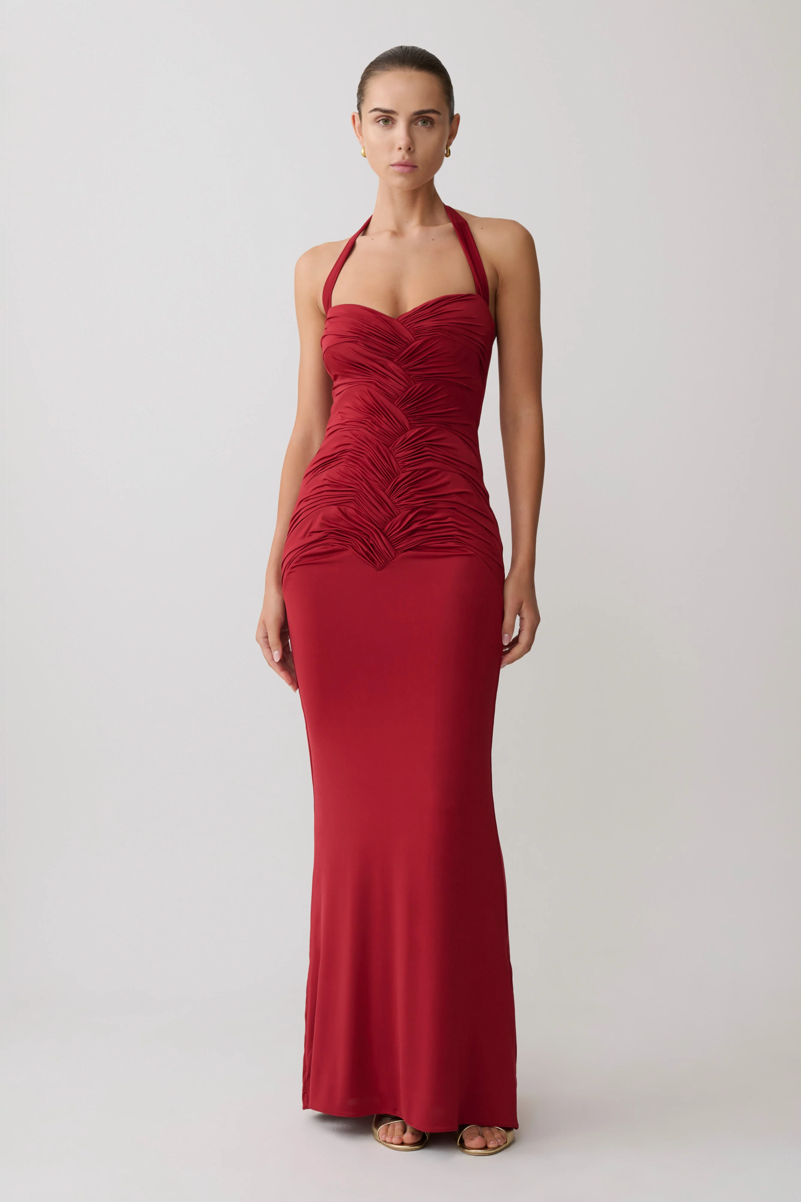 Hoai Gathered Slinky Halter Maxi Dress - Deep Red - Image 2