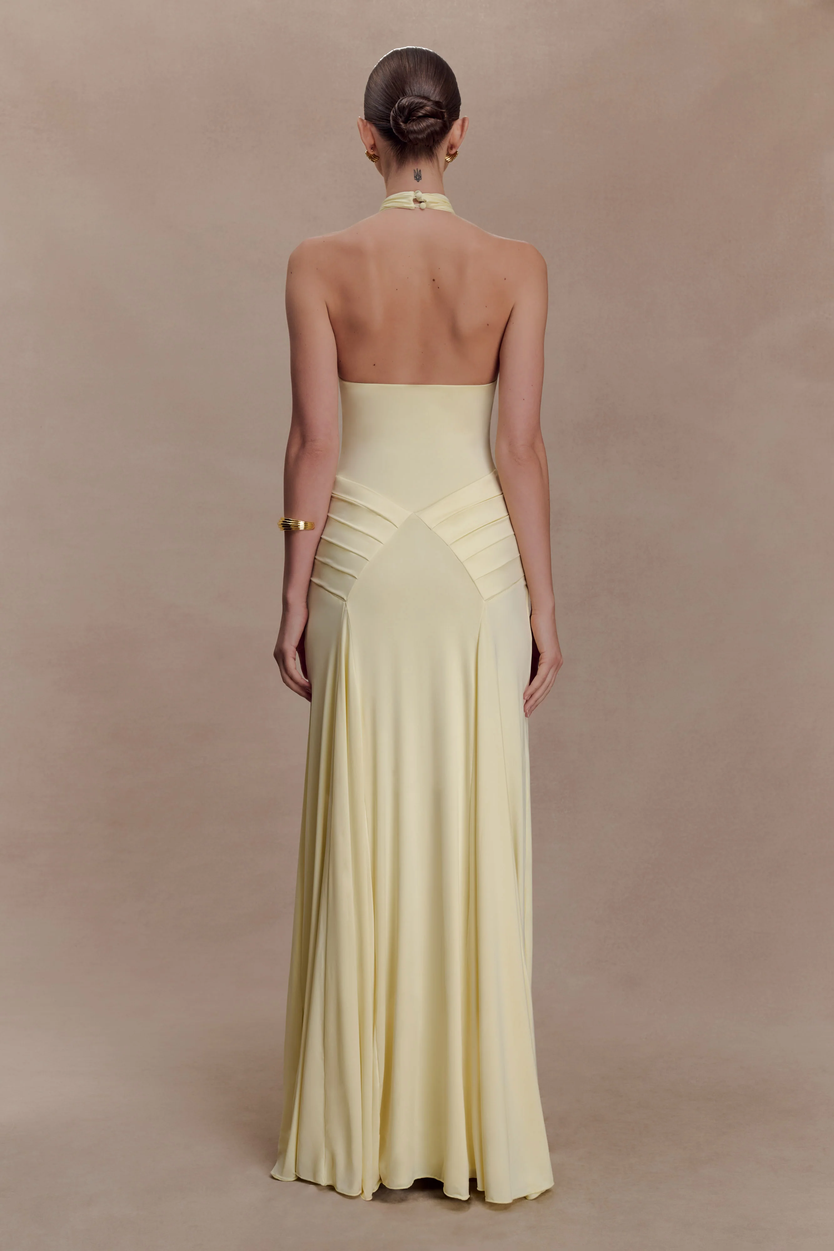 Indira Gathered Slinky Halter Maxi Dress - Lemon - Image 2