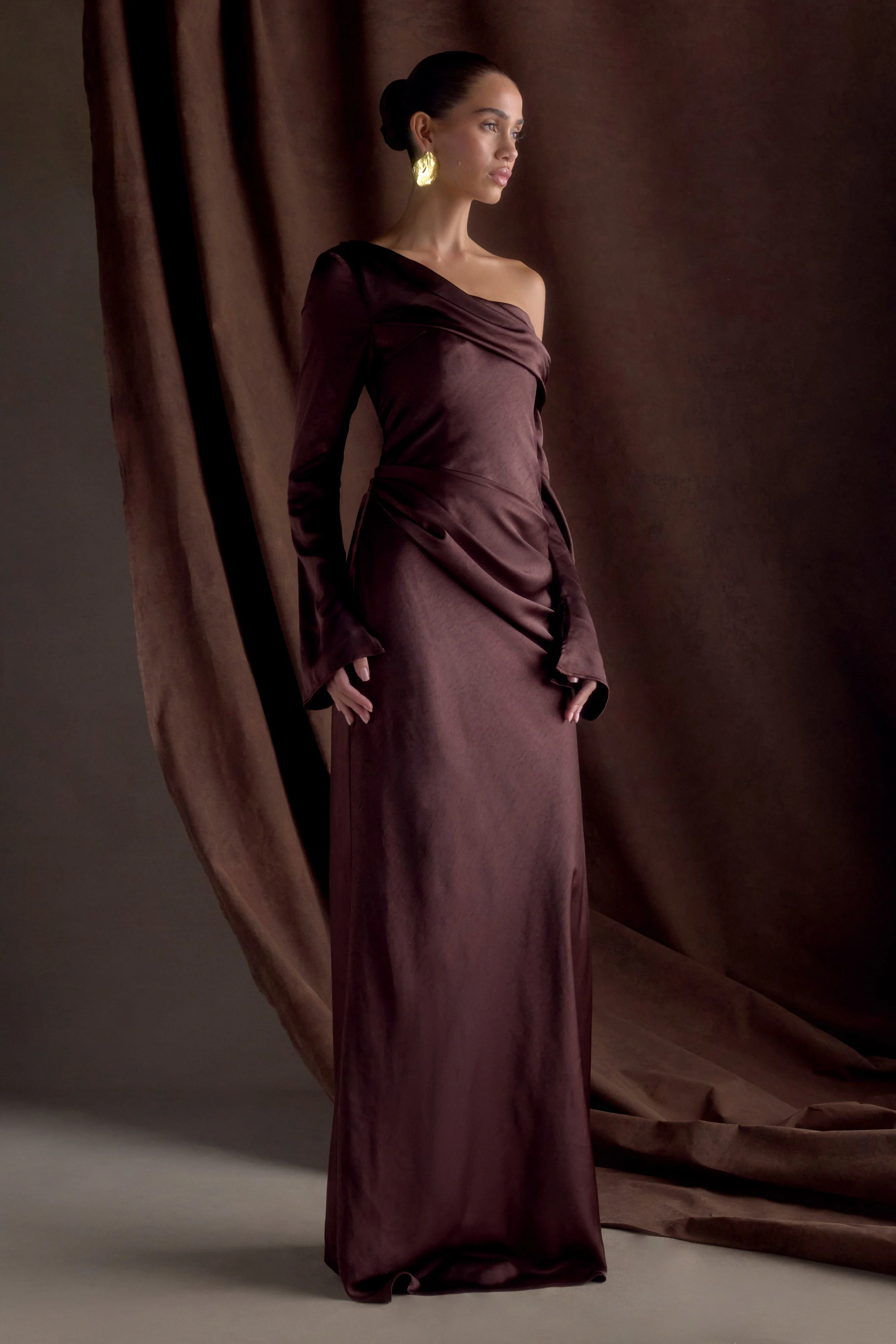 Iris Long Sleeve Satin Maxi Dress - Dark Chocolate - Image 3