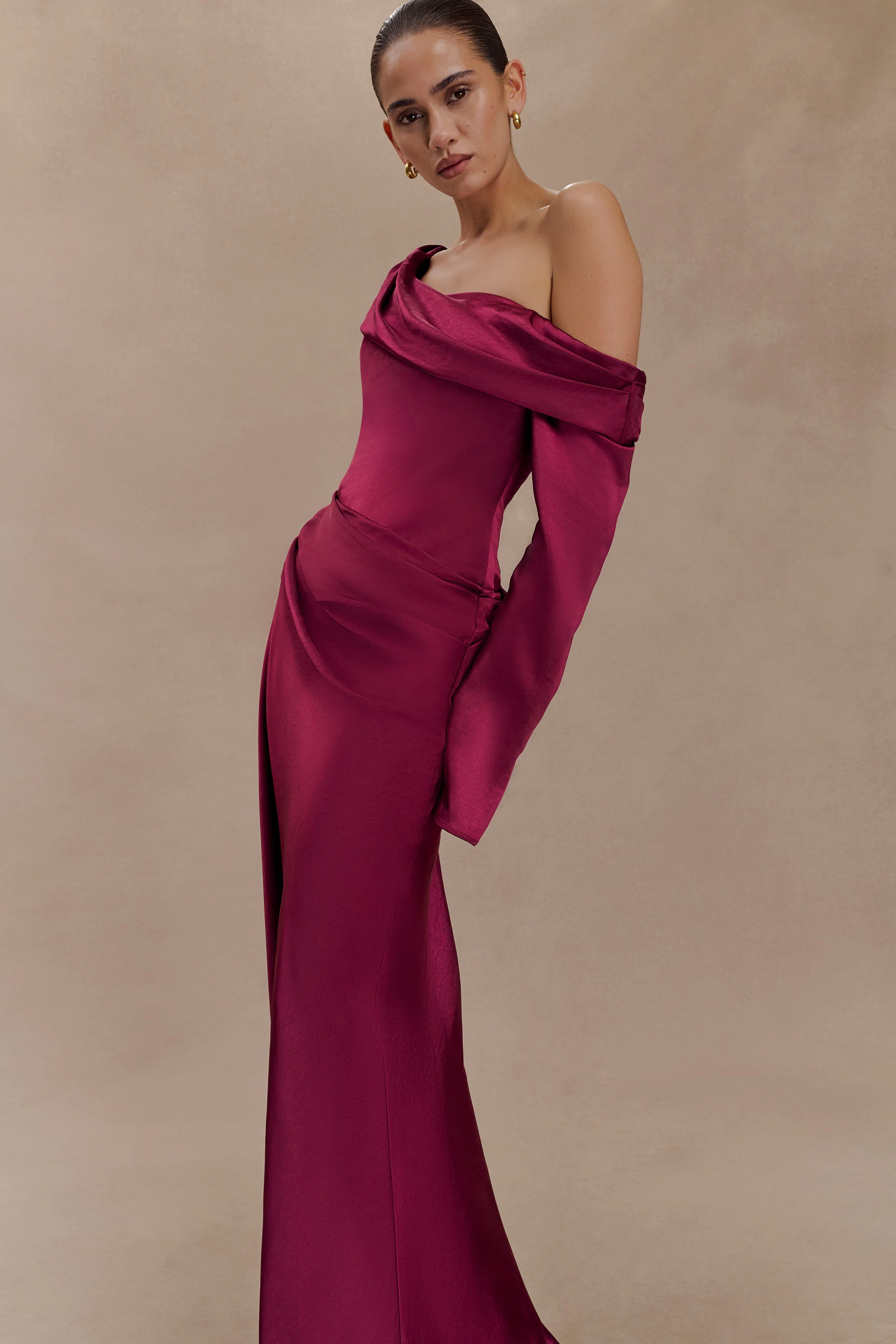 Iris Long Sleeve Satin Maxi Dress - Mahogany - Image 3