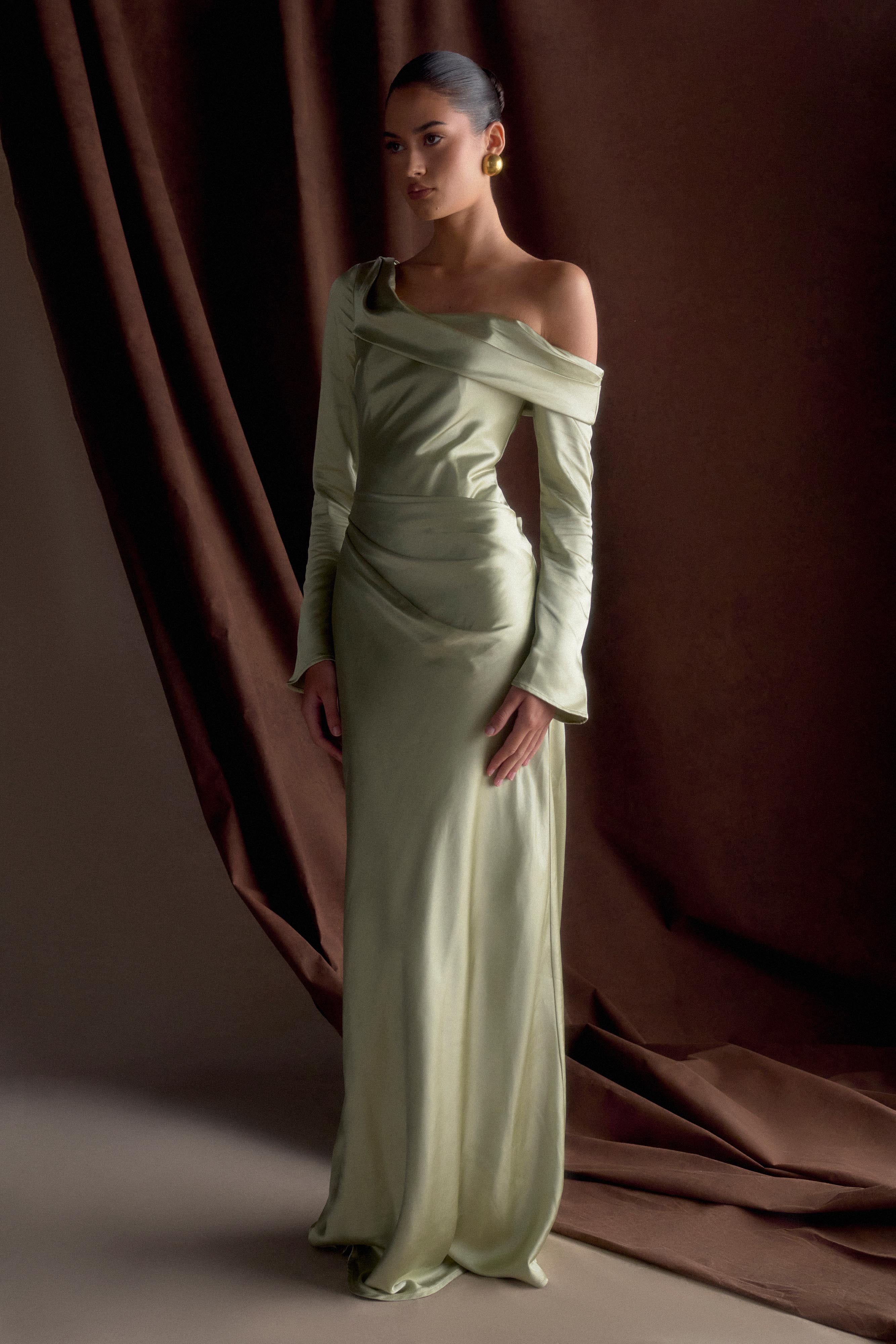 Iris Long Sleeve Satin Maxi Dress - Sage - Image 9