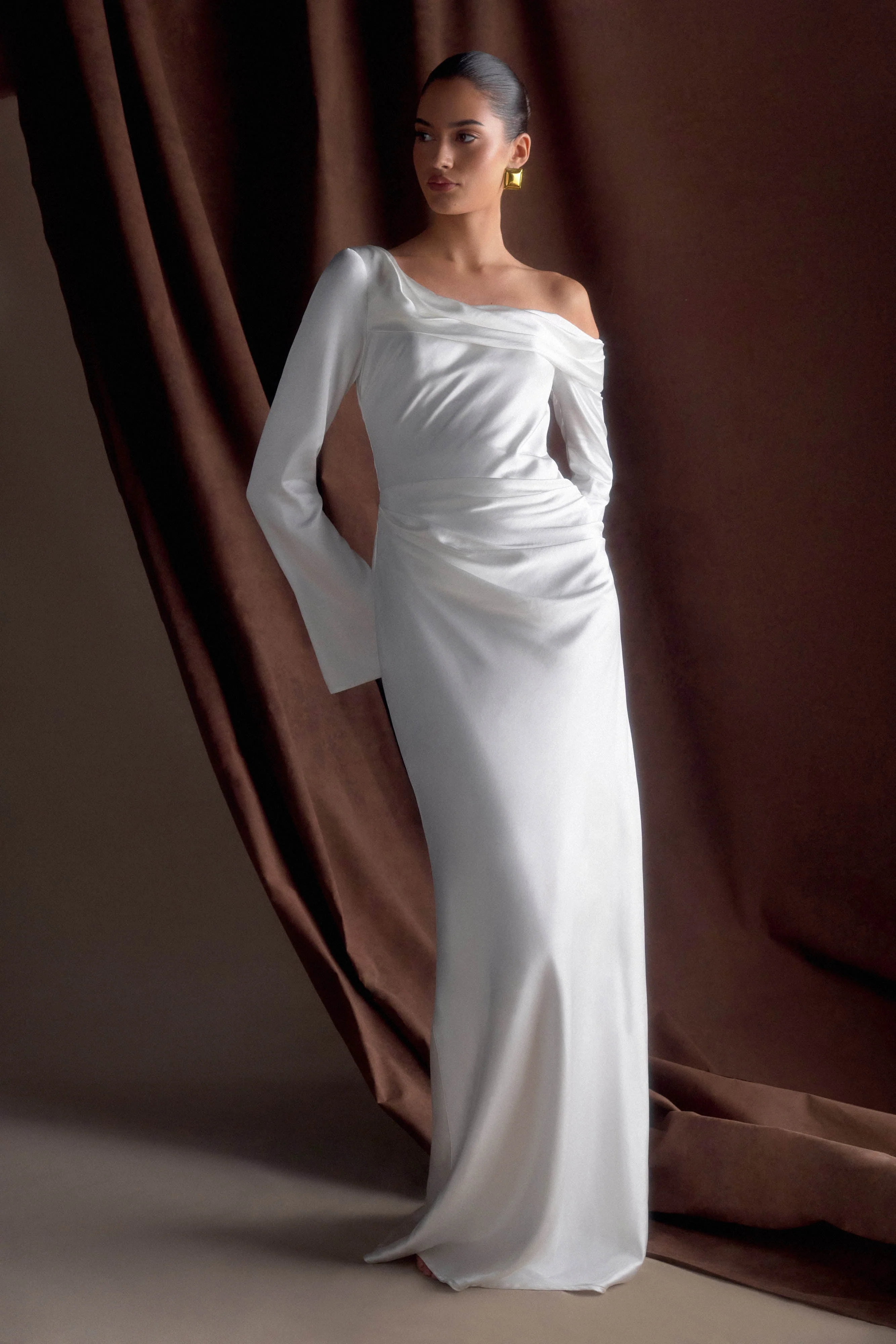 Iris Long Sleeve Satin Maxi Dress - White - Image 4
