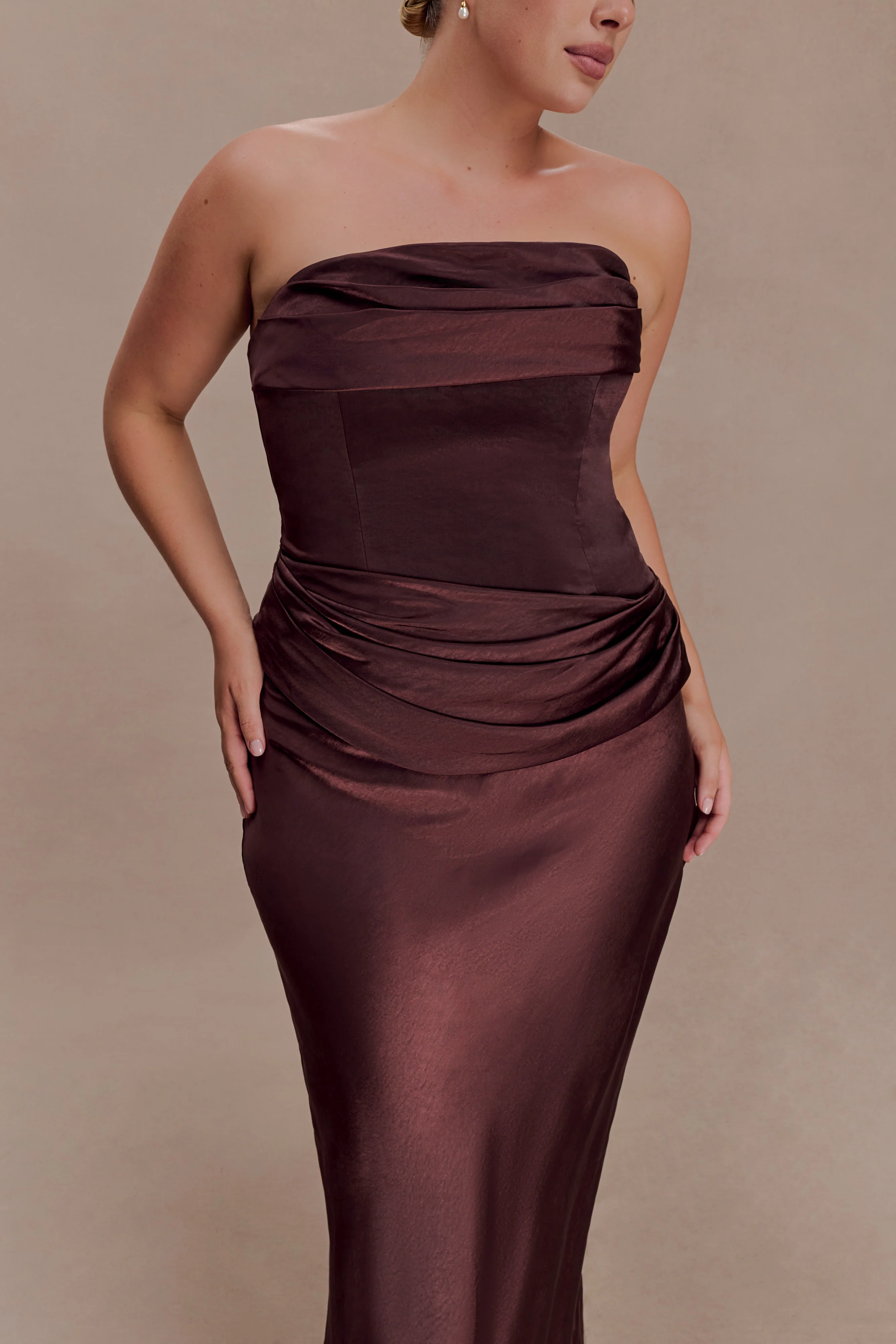 Jasmine Strapless Satin Maxi Dress - Dark Chocolate - Image 4