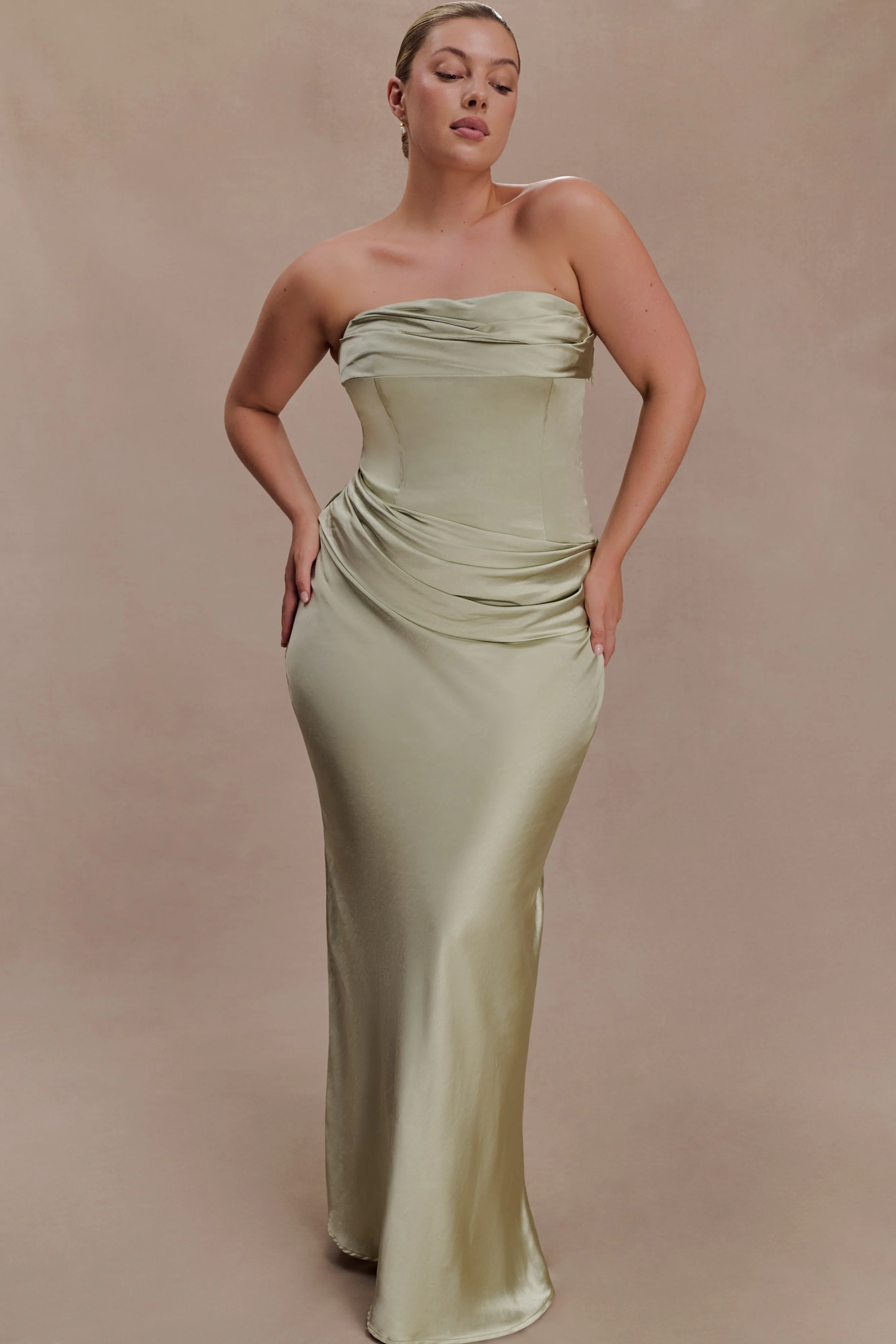 Jasmine Strapless Satin Maxi Dress - Sage - Image 4