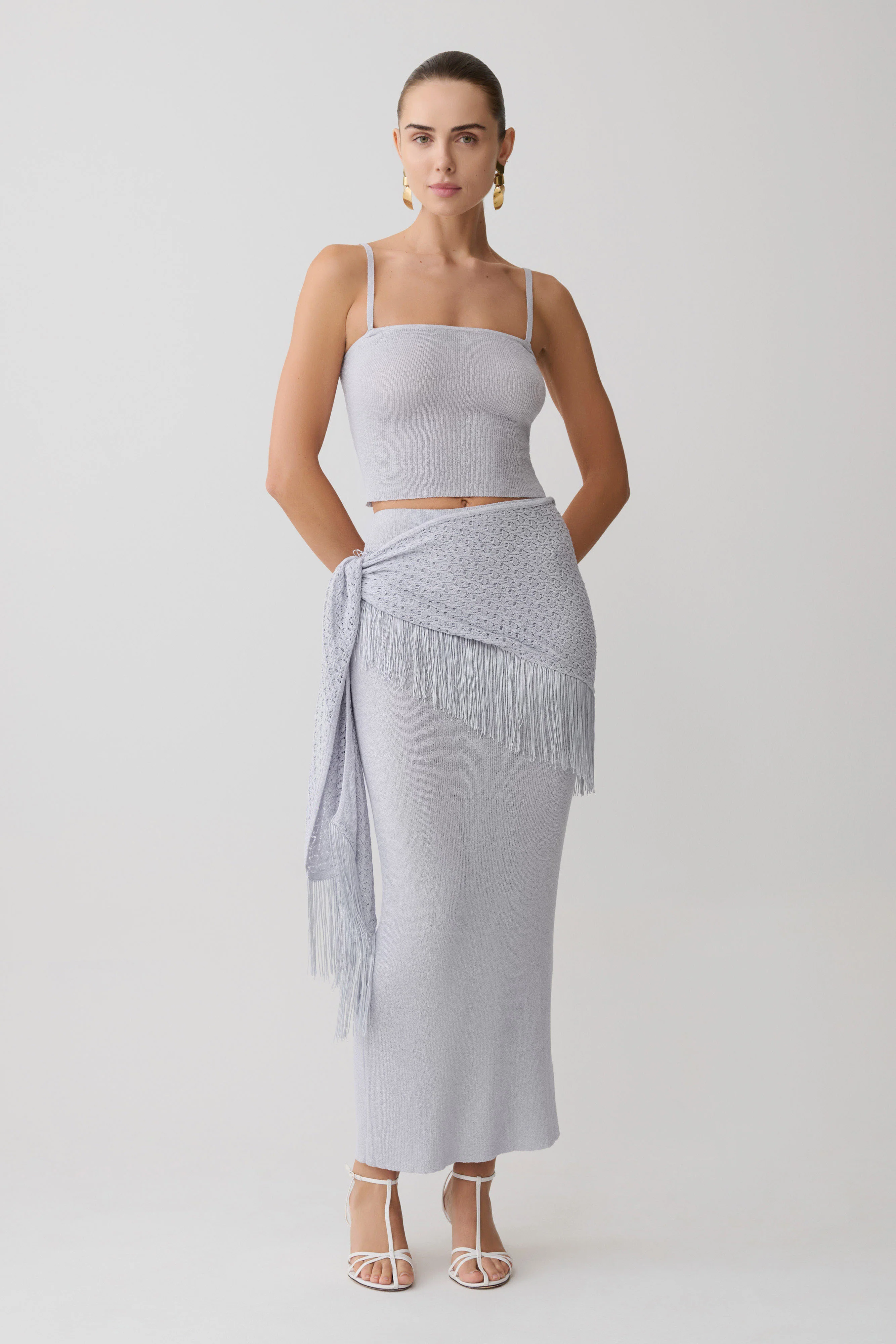 Jaytee Knit Maxi Skirt With Fringe Tie - Sky Blue