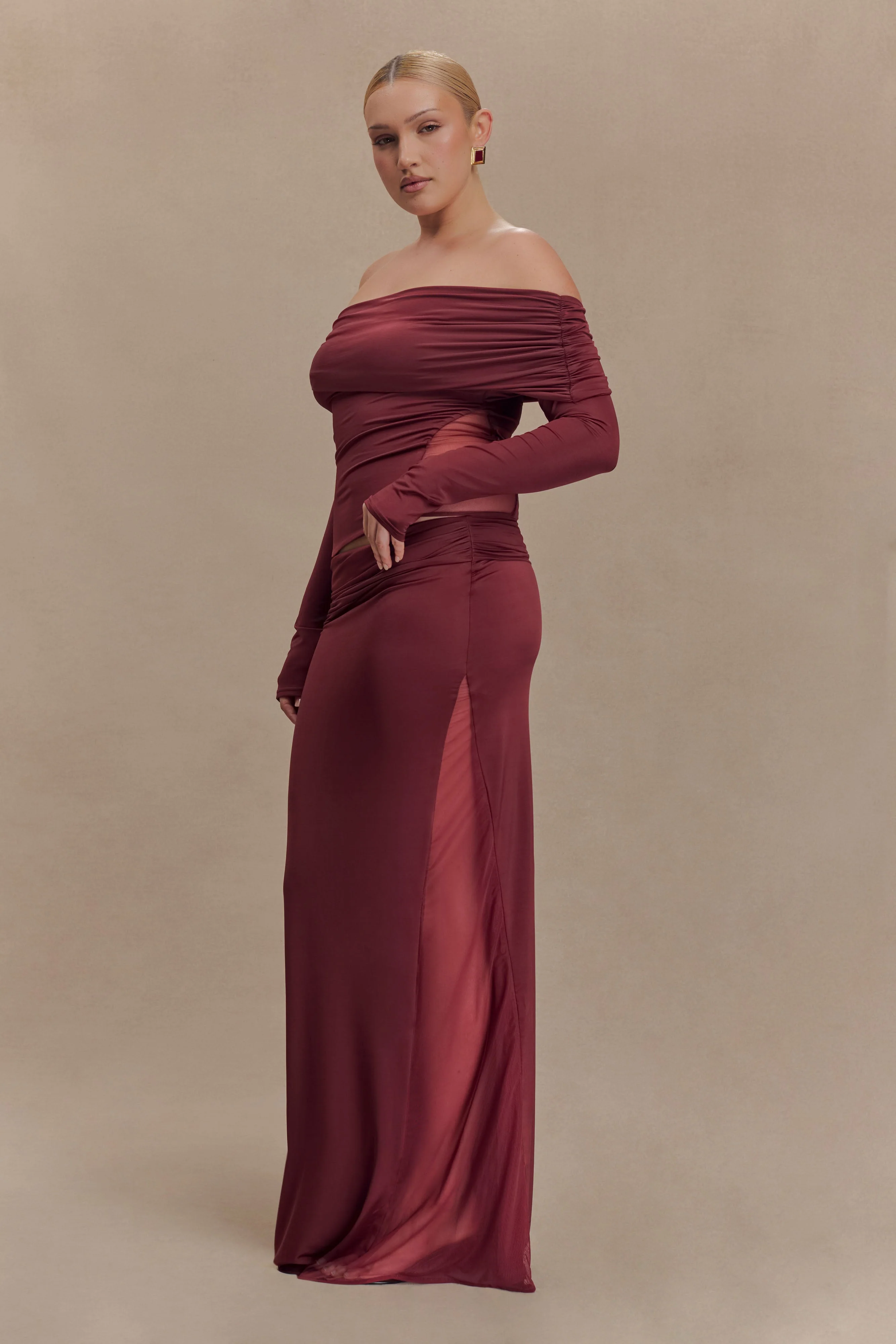 Judy Slinky And Mesh Maxi Skirt - Wine - Image 8