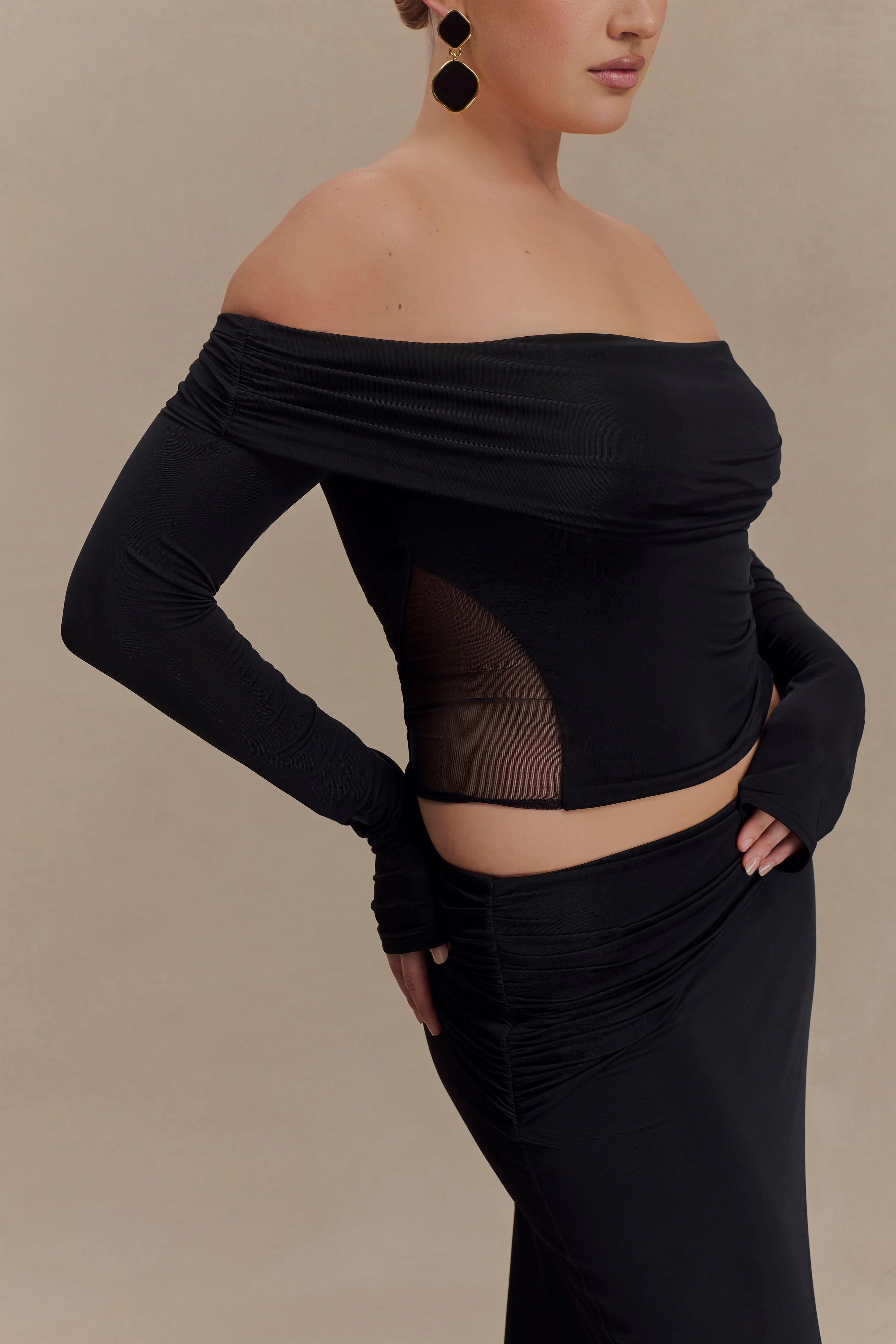 Judy Slinky And Mesh Off Shoulder Top - Black - Image 8